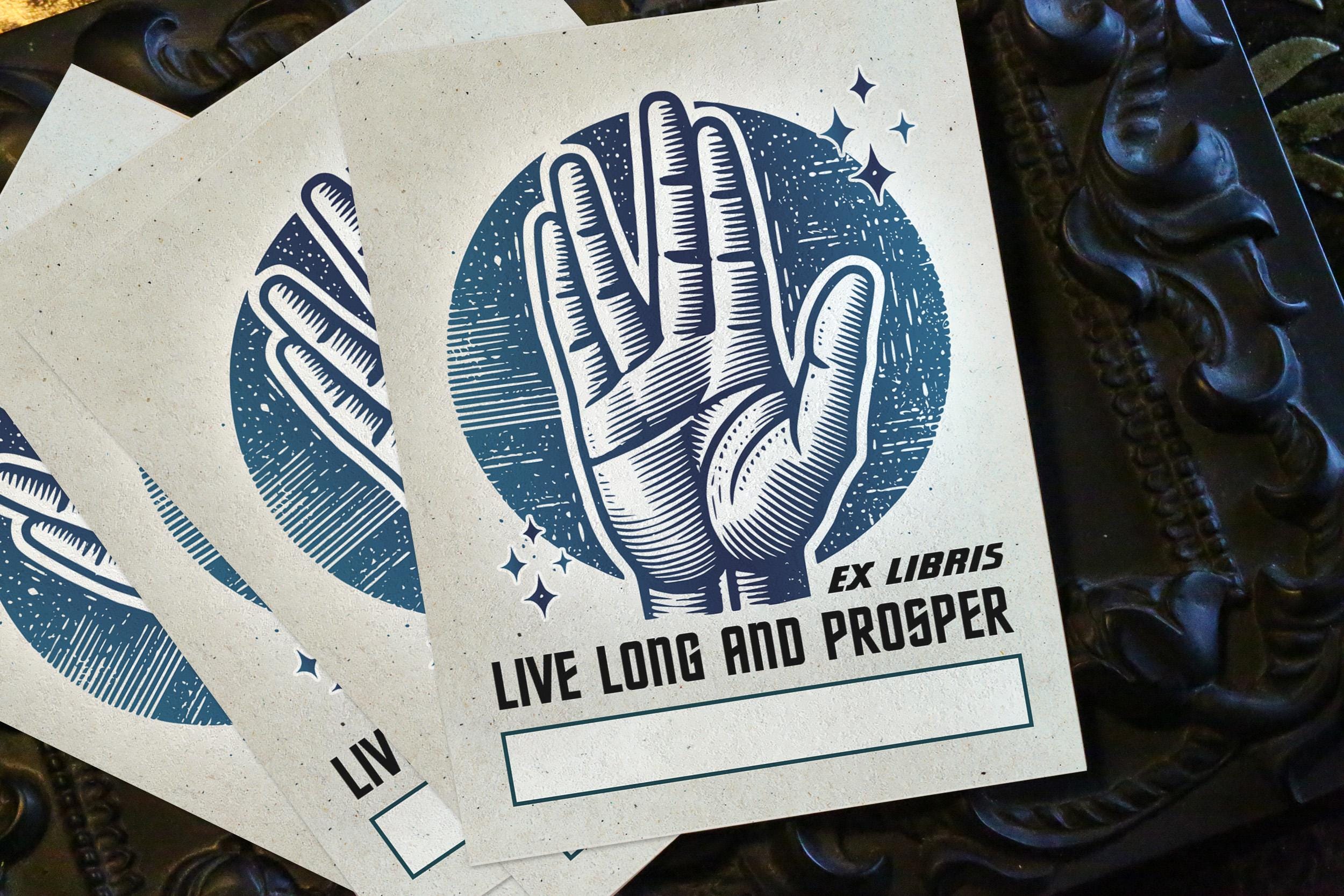 Live Long and Prosper, Sci-fi Personalized Ex-Libris Bookplates, Crafted on Traditional Gummed Paper, 3in x 4in, Set of 30