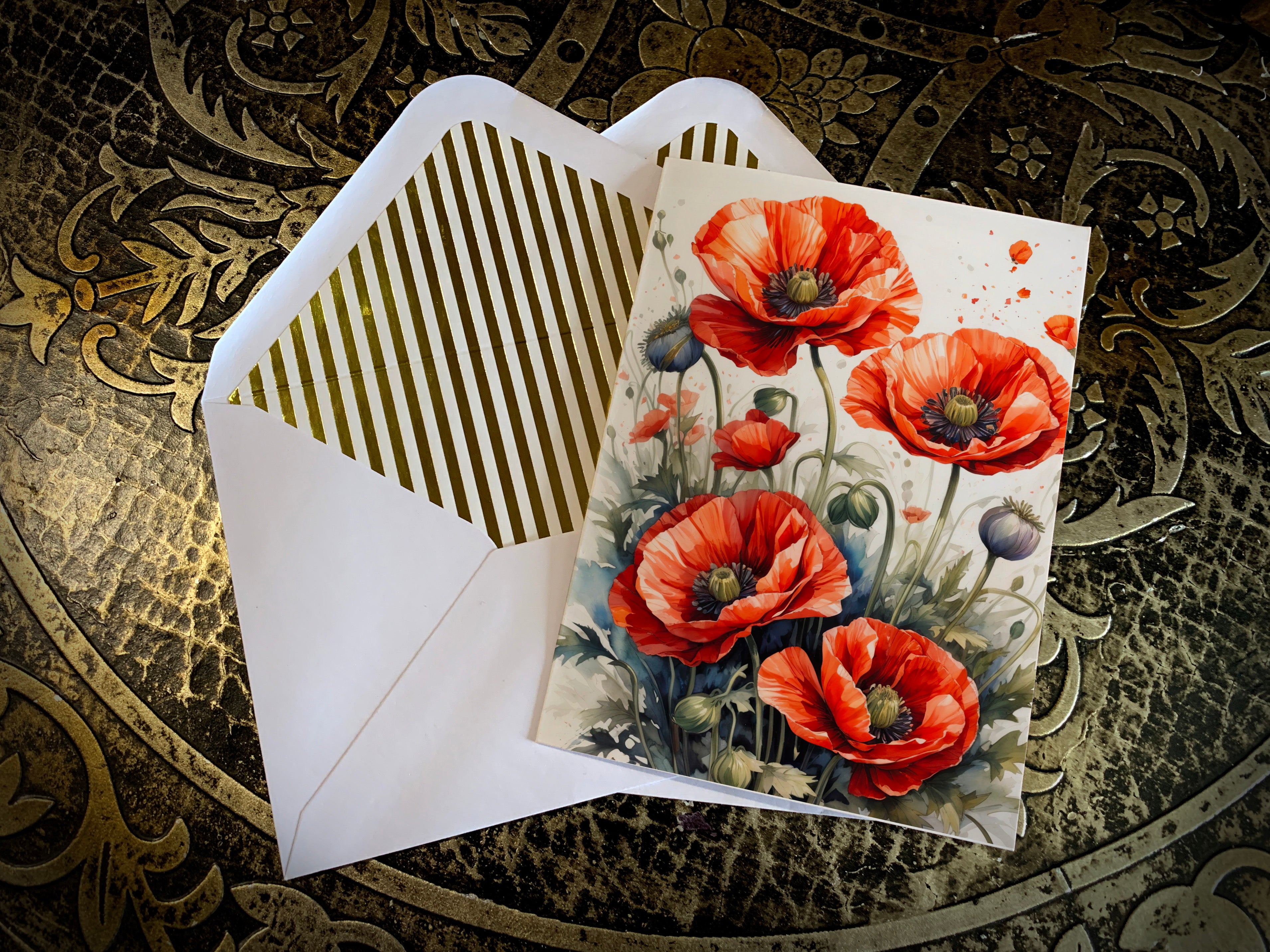 Cottage Garden Favorites, Floral Everyday Fine Art Greeting Cards with Elegant Striped Gold Foil Envelopes, 5 Cards/5 Envelopes