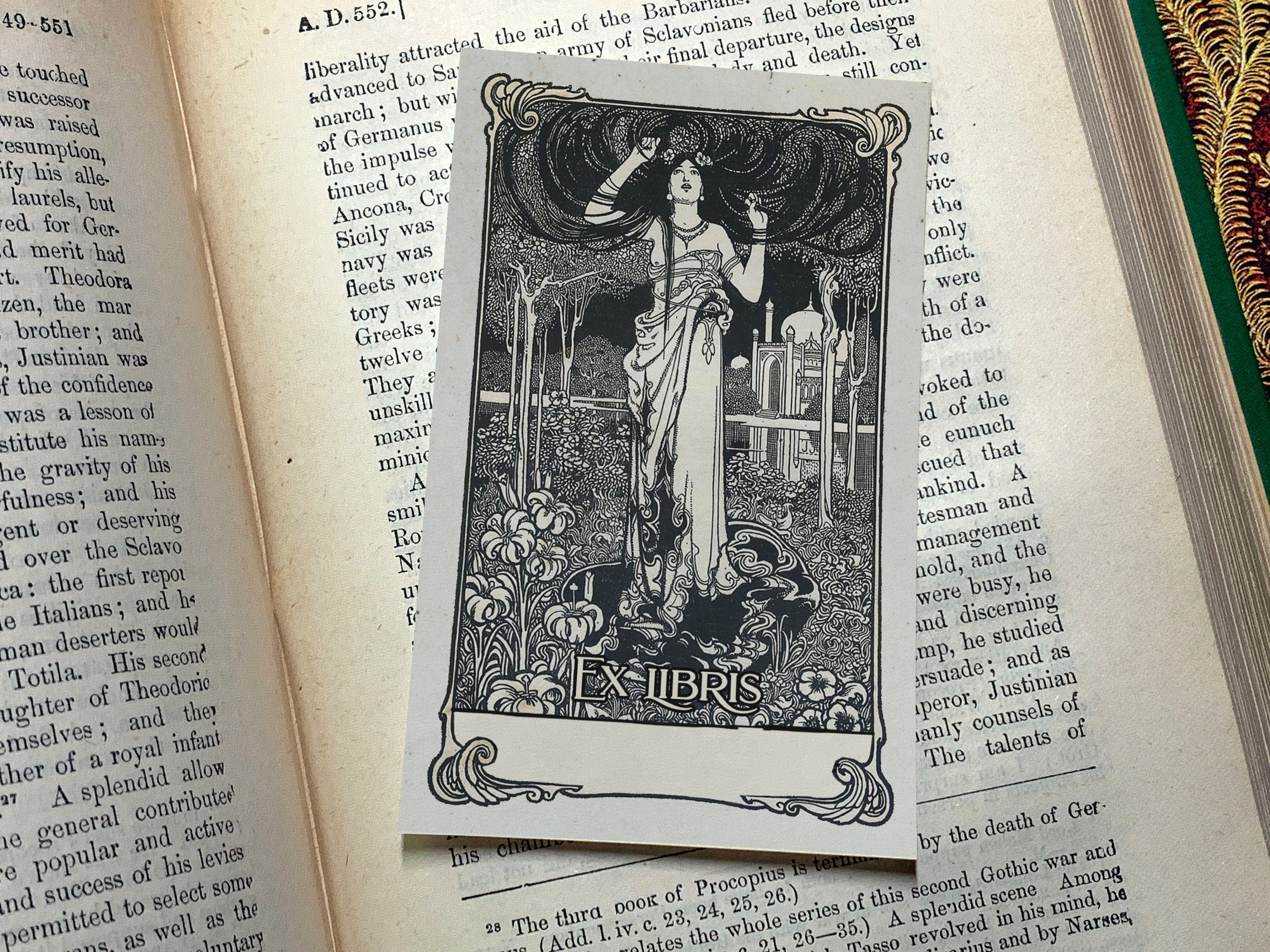 Ligeia, Personalized Art Nouveau Ex-Libris Bookplates, Crafted on Traditional Gummed Paper, 4in x 2.5in, Set of 30