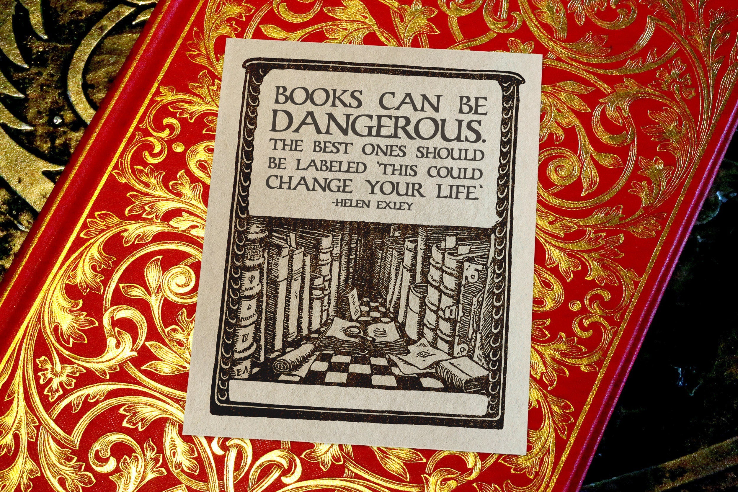 Books Can Be Dangerous, Personalized Dark Academia Ex-Libris Bookplates, Crafted on Traditional Gummed Paper, 3in x 4in, Set of 30