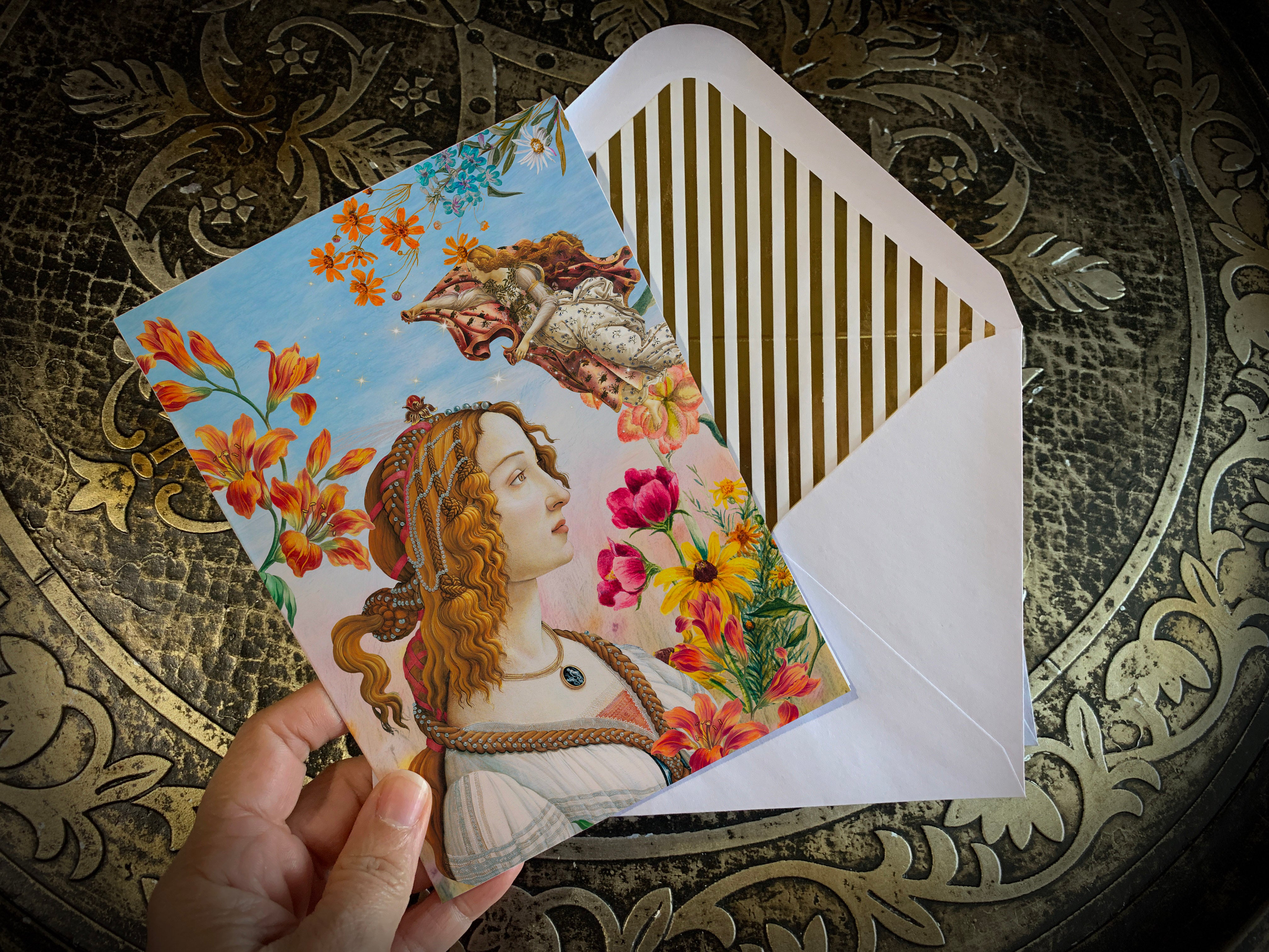 Primavera, Fine Art Greeting Cards with Elegant Striped Gold Foil Envelopes, 5 Cards/5 Envelopes