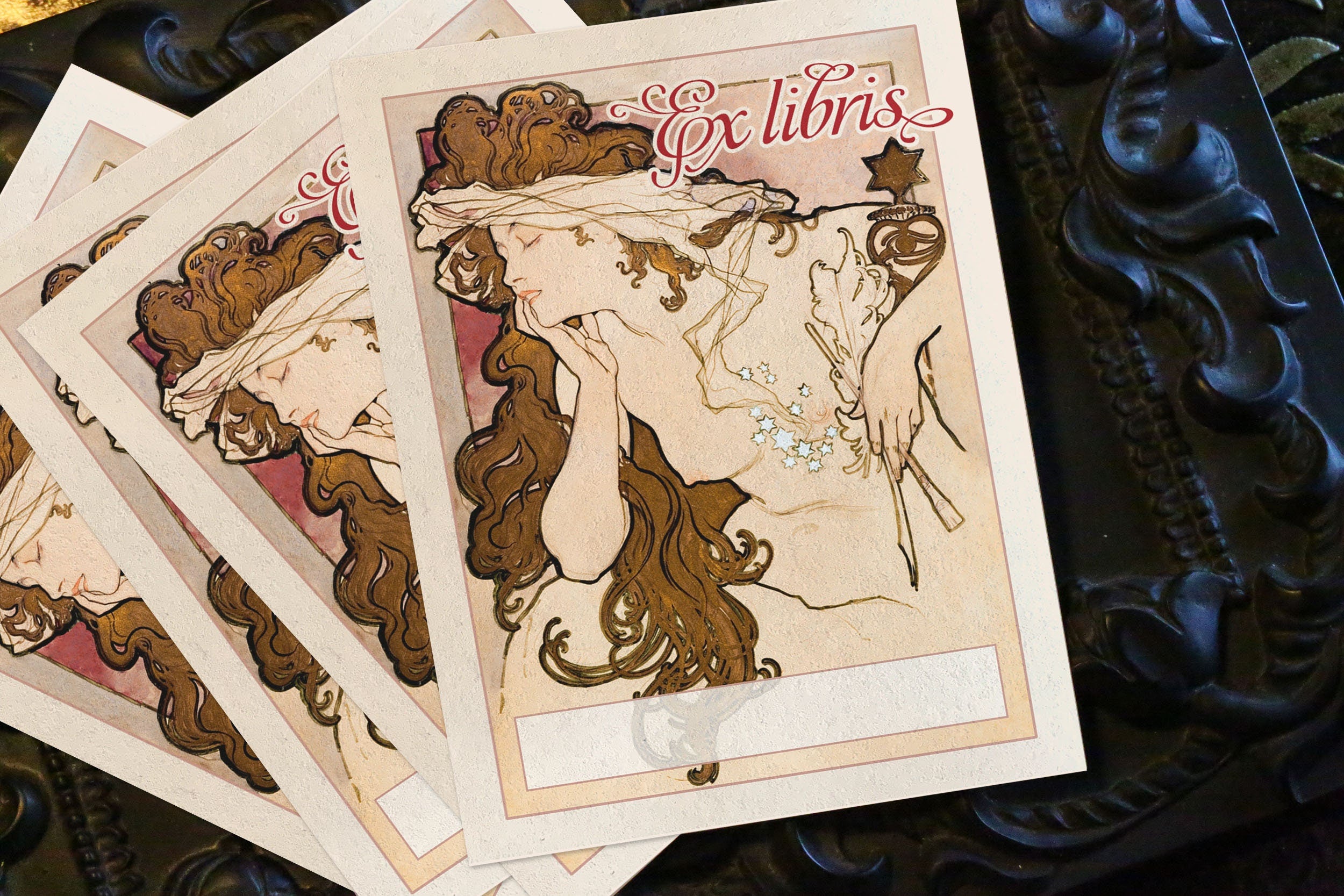 Starry Dreamer by Alphonse Mucha, Personalized Art Nouveau Ex-Libris Bookplates, Crafted on Traditional Gummed Paper, 3in x 4in, Set of 30