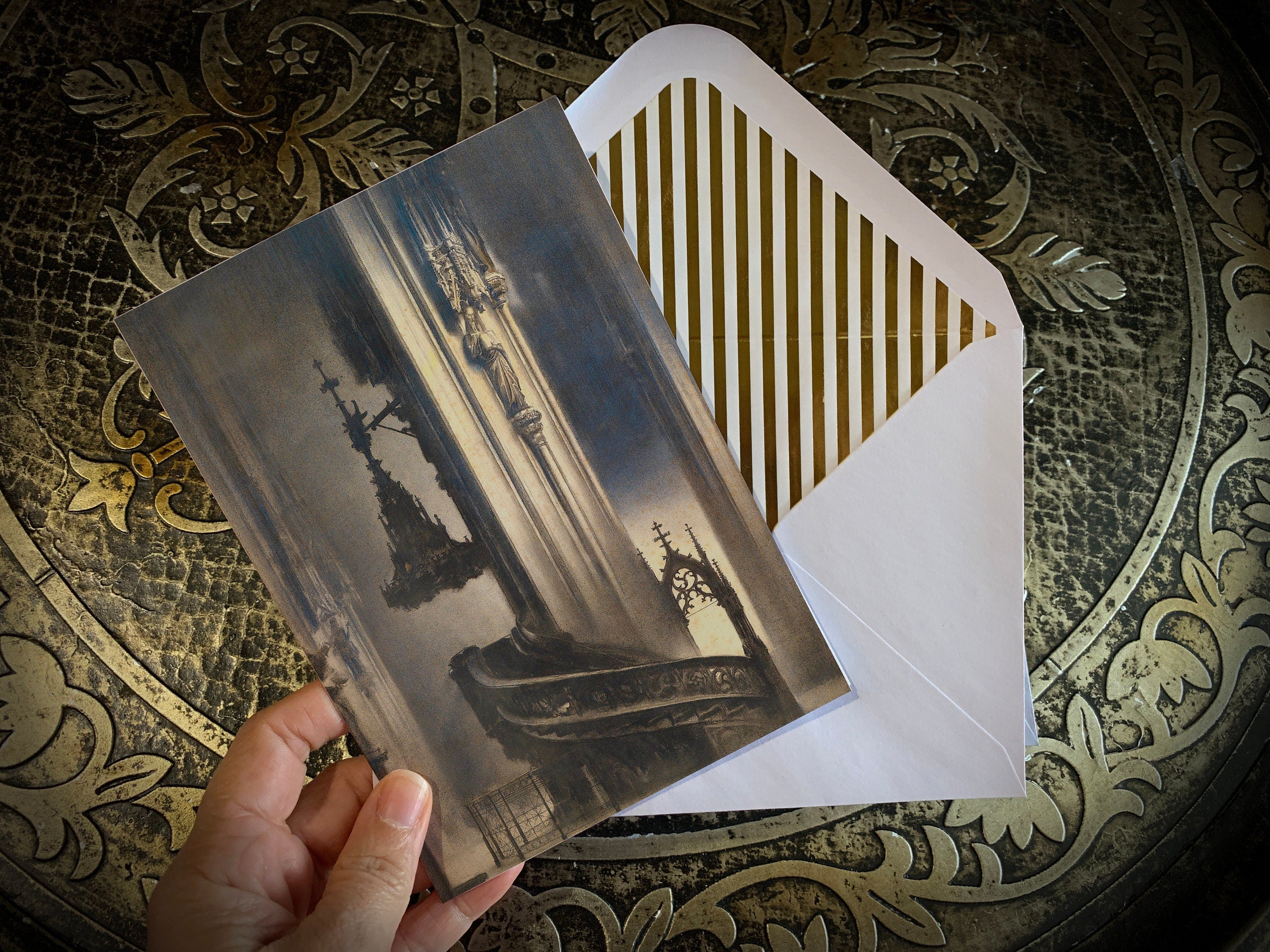 Gothic Ruins, Dark Academia Greeting Cards with Elegant Striped Gold Foil Envelopes, 5in x 7in, 5 Cards/5 Envelopes