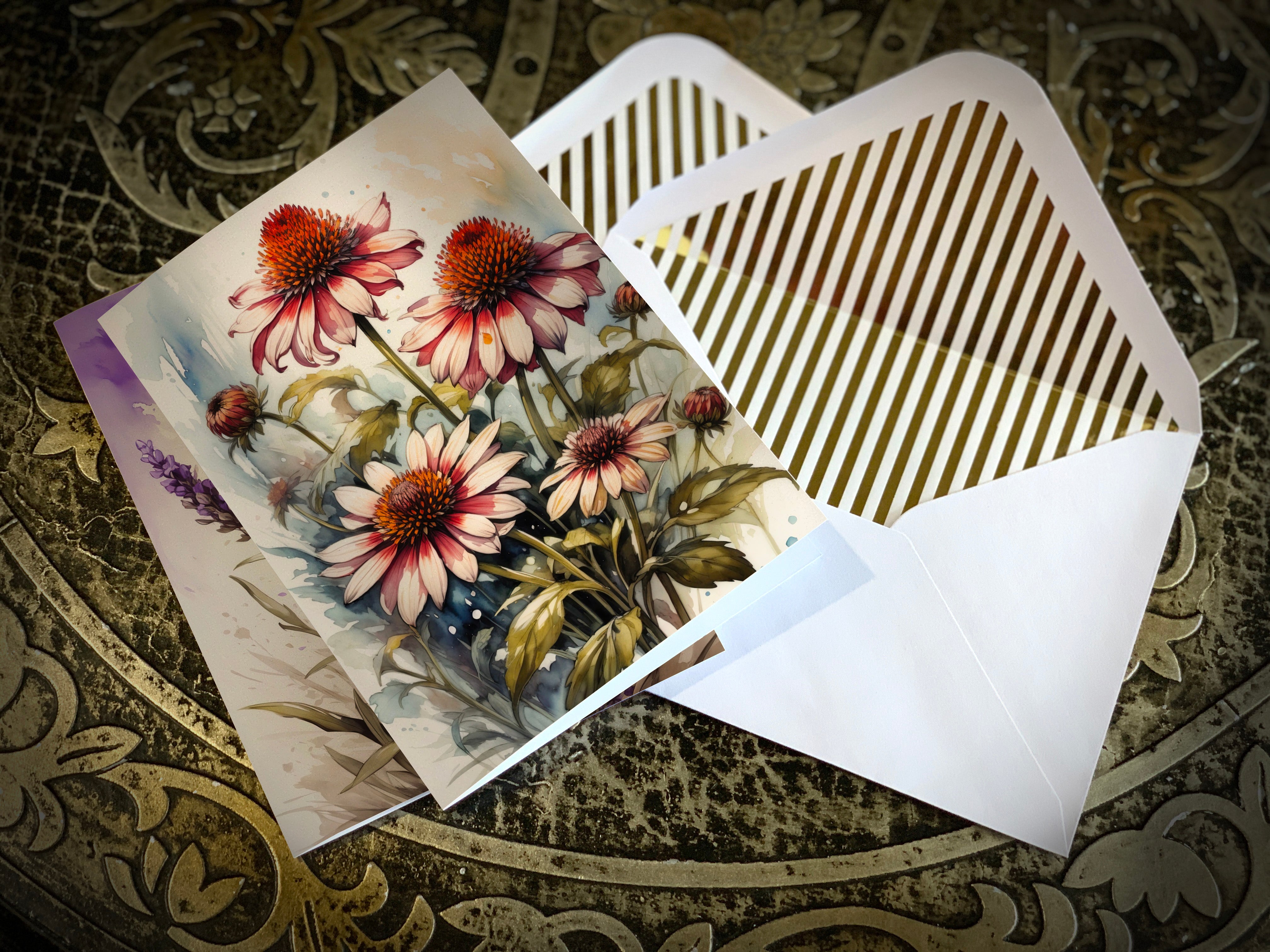 Cottage Garden Favorites, Floral Everyday Fine Art Greeting Cards with Elegant Striped Gold Foil Envelopes, 5 Cards/5 Envelopes