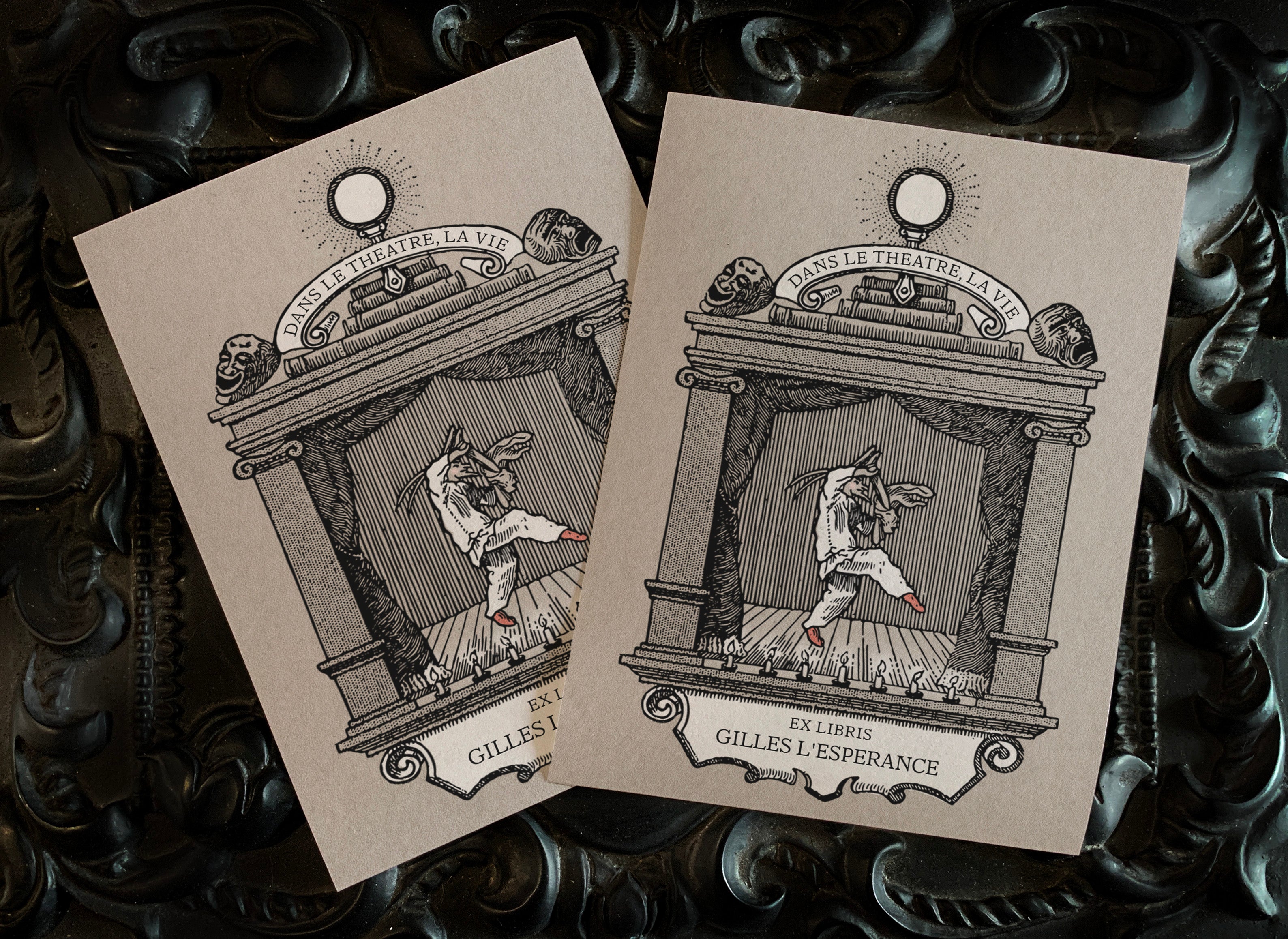 Coviello, Dans le Theatre, Le Vie, Personalized Ex-Libris Bookplates, Crafted on Traditional Gummed Paper, 2.5in x 4in, Set of 30