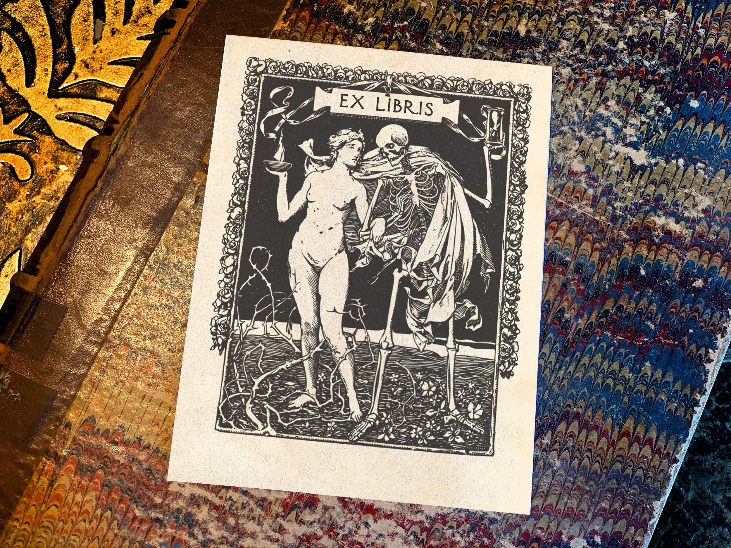 Beauty and Death, Personalized Ex-Libris Bookplates, Crafted on Traditional Gummed Paper, 3in x 4in, Set of 30