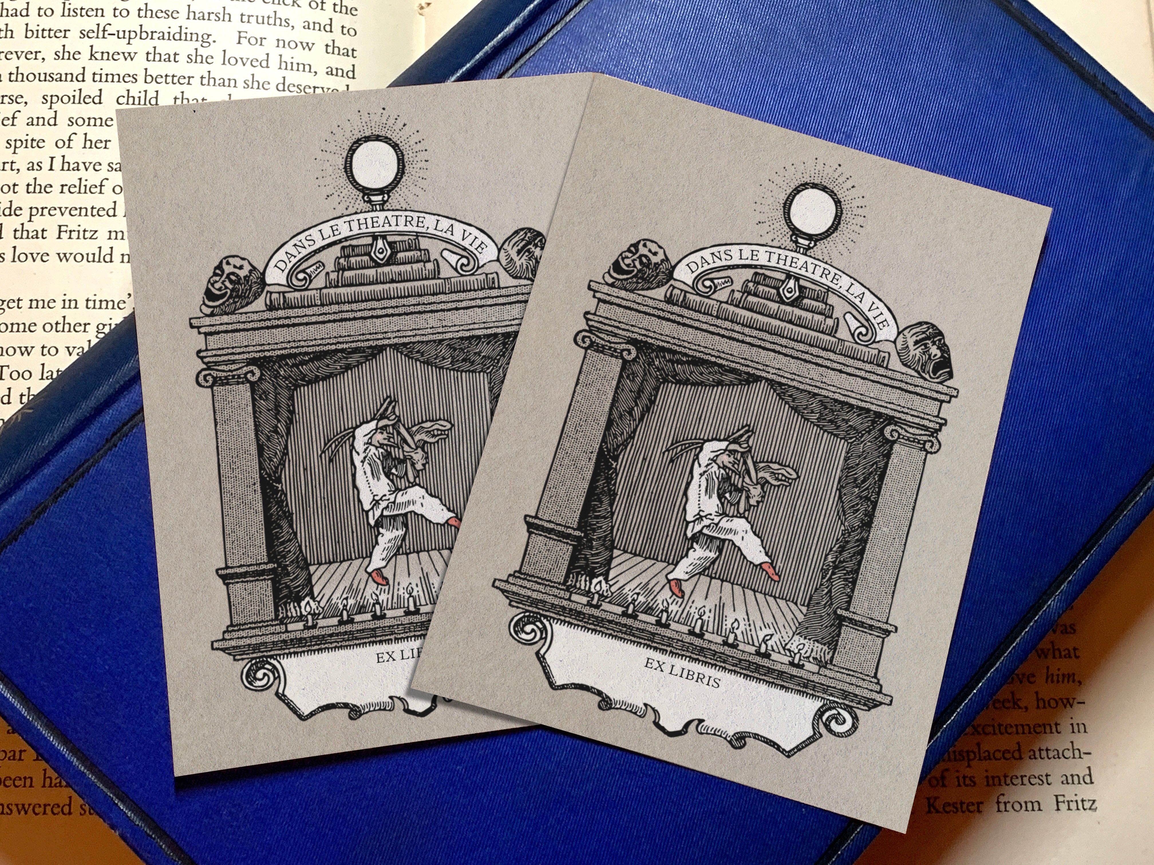 Coviello, Dans le Theatre, Le Vie, Personalized Ex-Libris Bookplates, Crafted on Traditional Gummed Paper, 2.5in x 4in, Set of 30