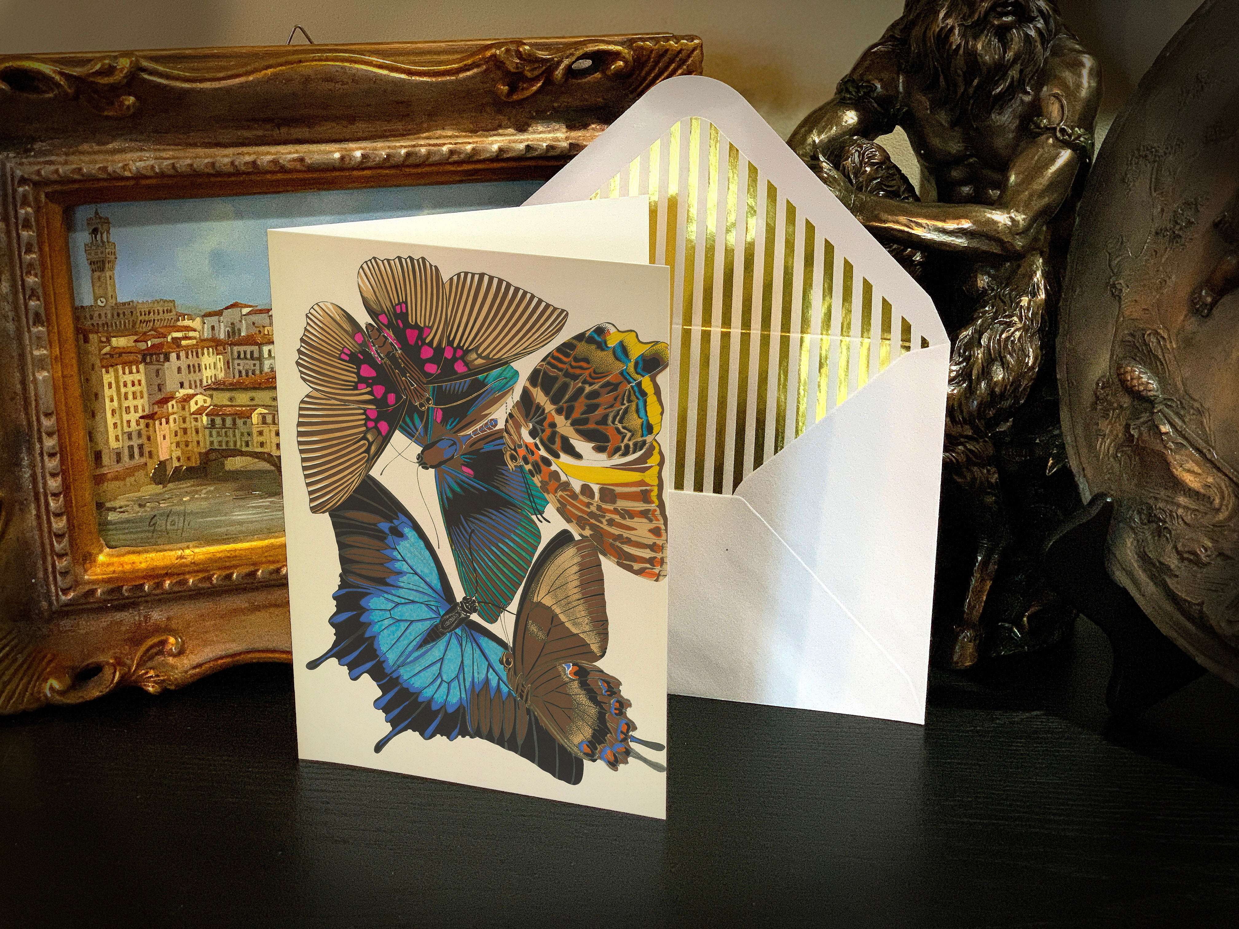 Butterflies by E.A. Seguy, Everyday Greeting Cards with Elegant Striped Gold Foil Envelopes, 5in x 7in, 5 Cards/5 Envelopes