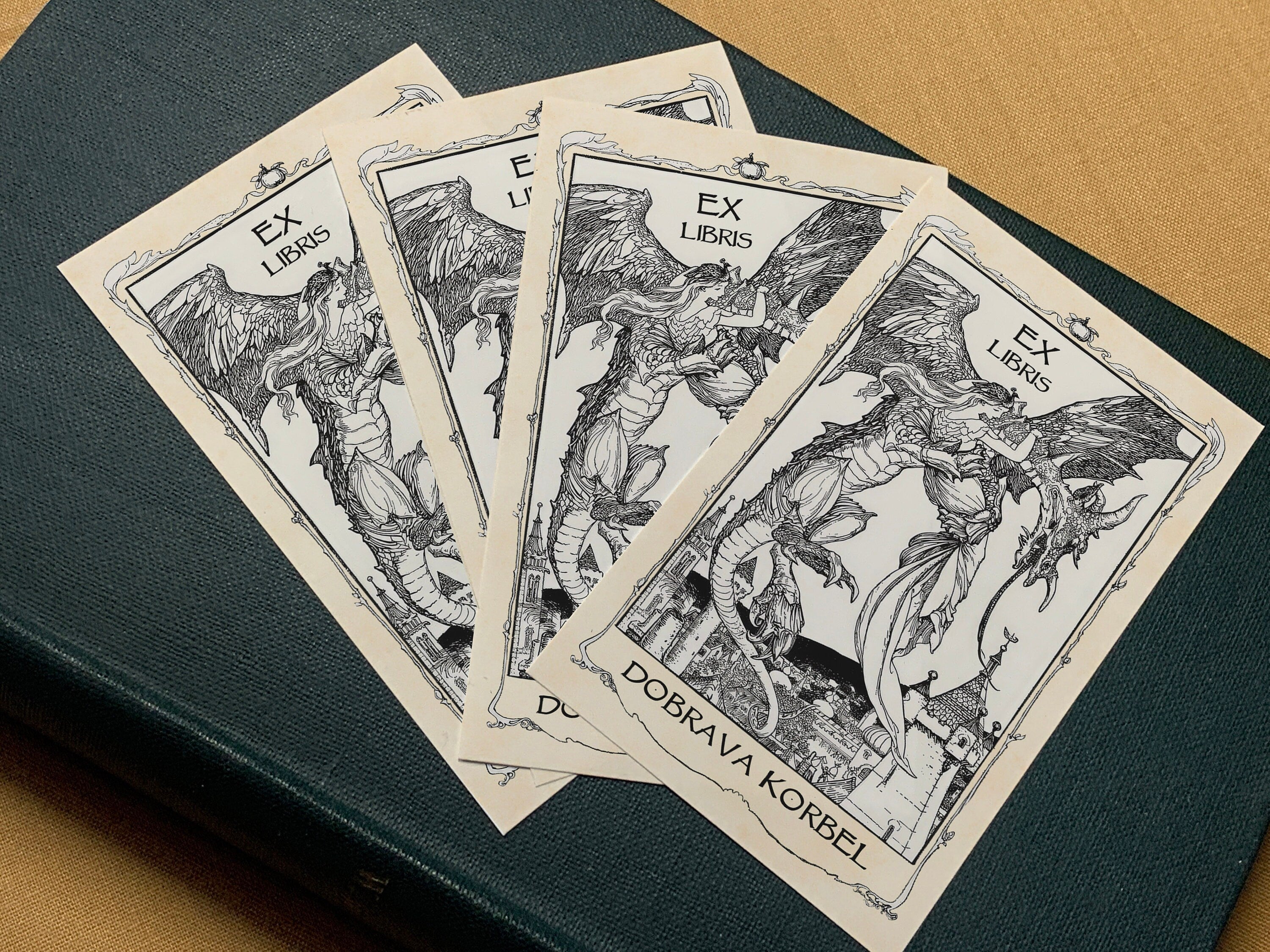 The Lady and the Dragon, Fairytale Personalized Ex-Libris Bookplates, Crafted on Traditional Gummed Paper, 2.5in x 4in, Set of 30