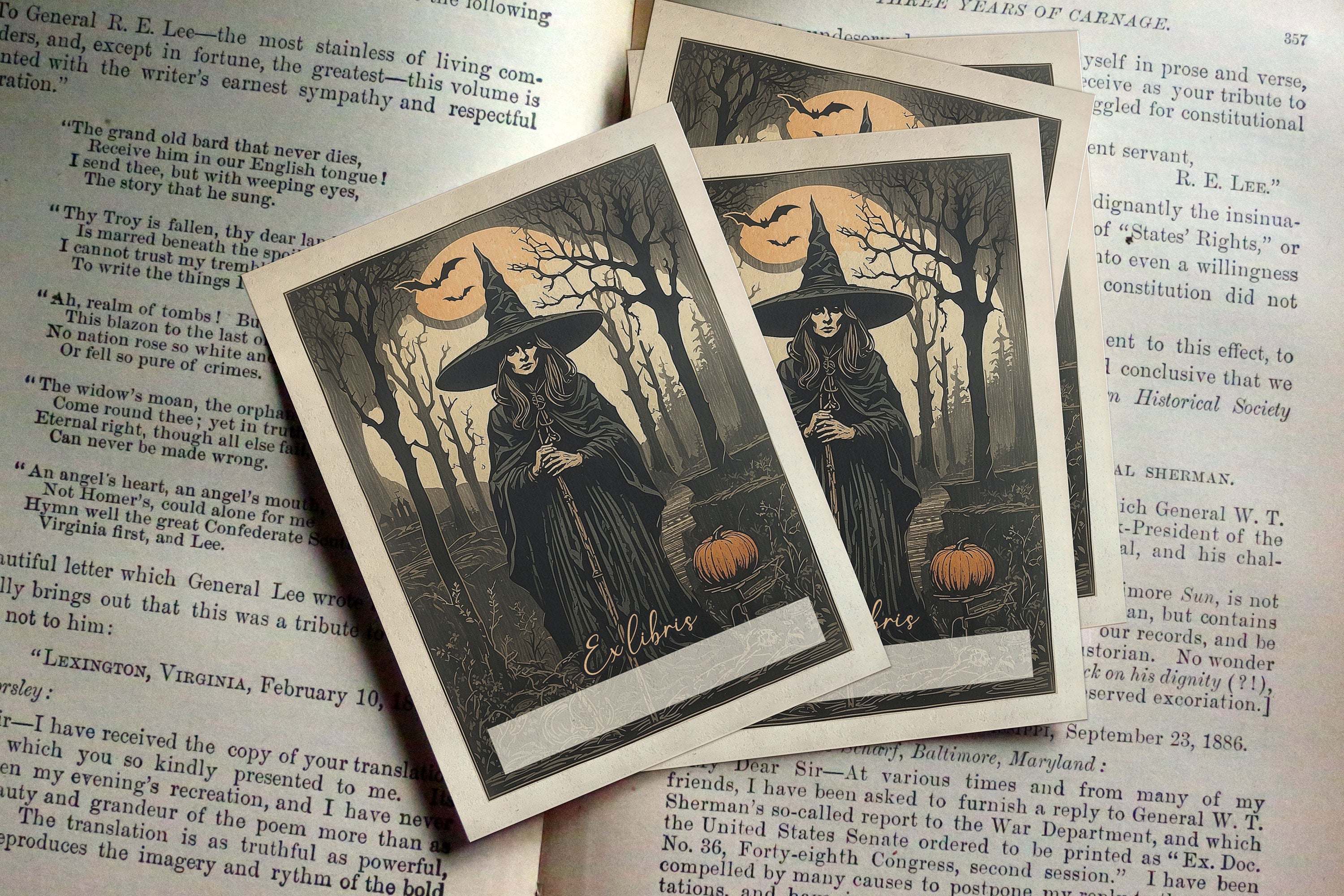 Mystical Pumpkin Witch, Personalized Ex-Libris Bookplates, Crafted on Traditional Gummed Paper, 3in x 4in, Set of 30