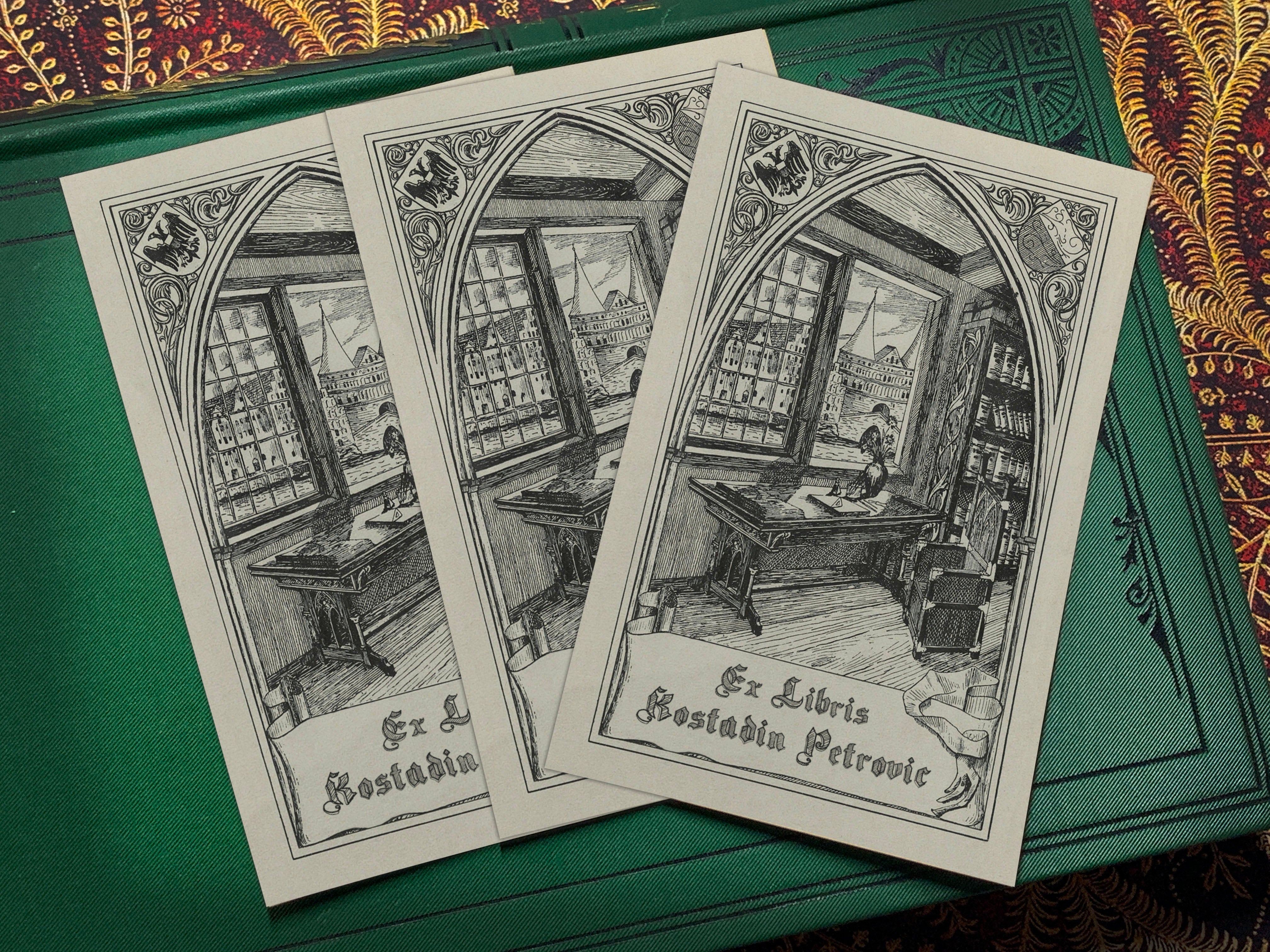 Gothic Arch, Personalized Ex-Libris Bookplates, Crafted on Traditional Gummed Paper, 2.5in x 4in, Set of 30