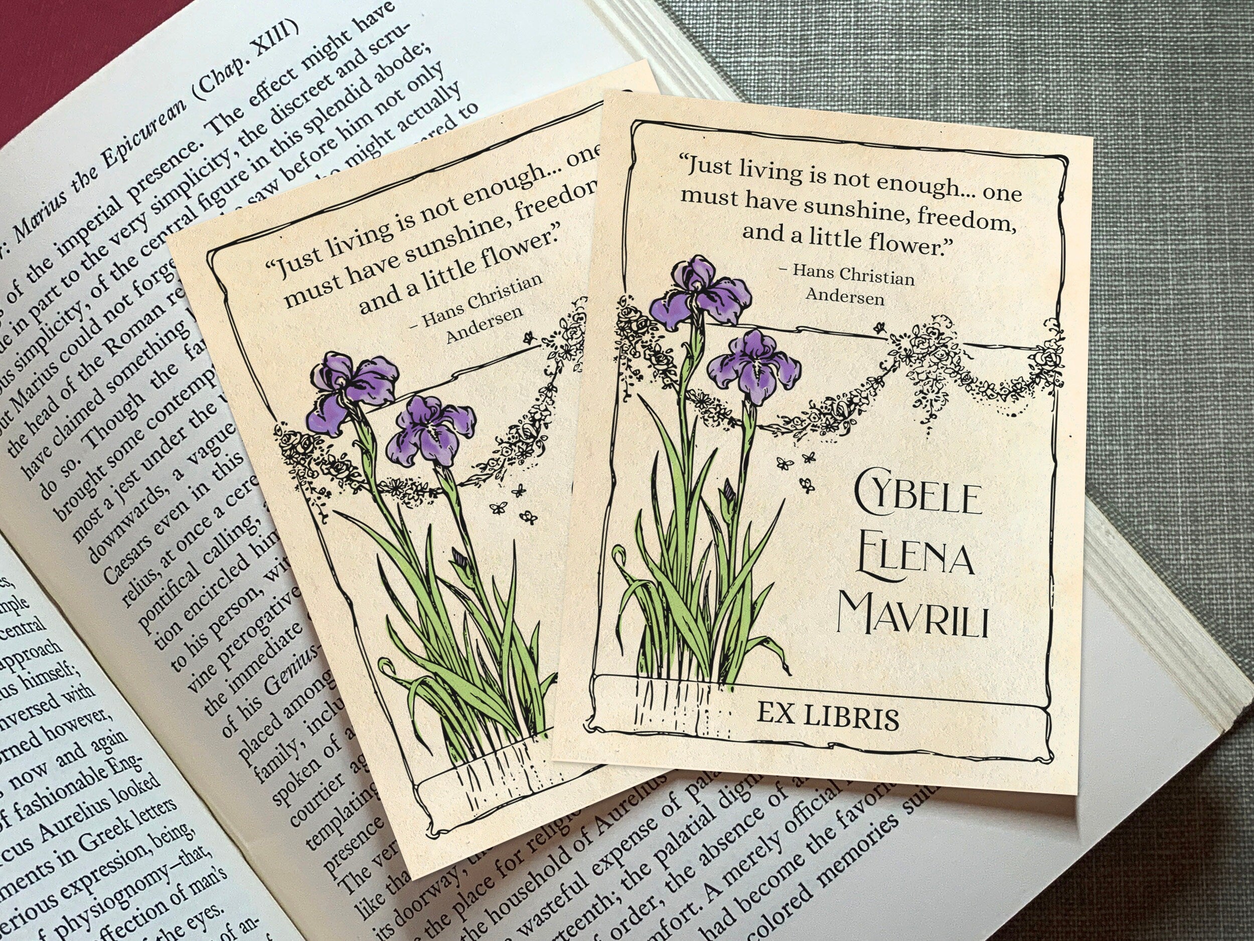 Romantic Iris, Art Deco Personalized Ex-Libris Bookplates, Crafted on Traditional Gummed Paper, 4in x 3in, Set of 30