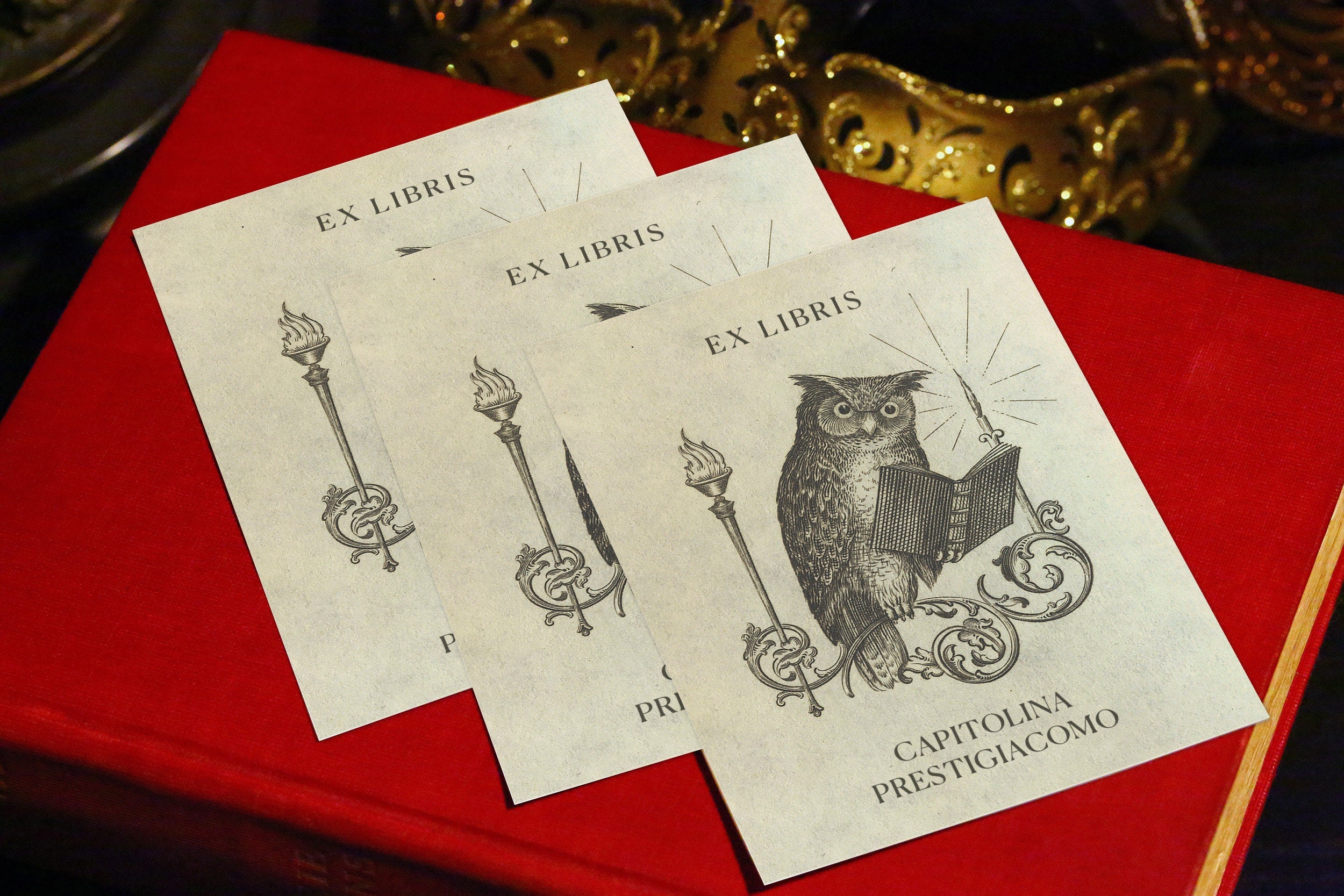 Perched Owl, Personalized Owl Ex-Libris Bookplates, Crafted on Traditional Gummed Paper, 3in x 4in, Set of 30