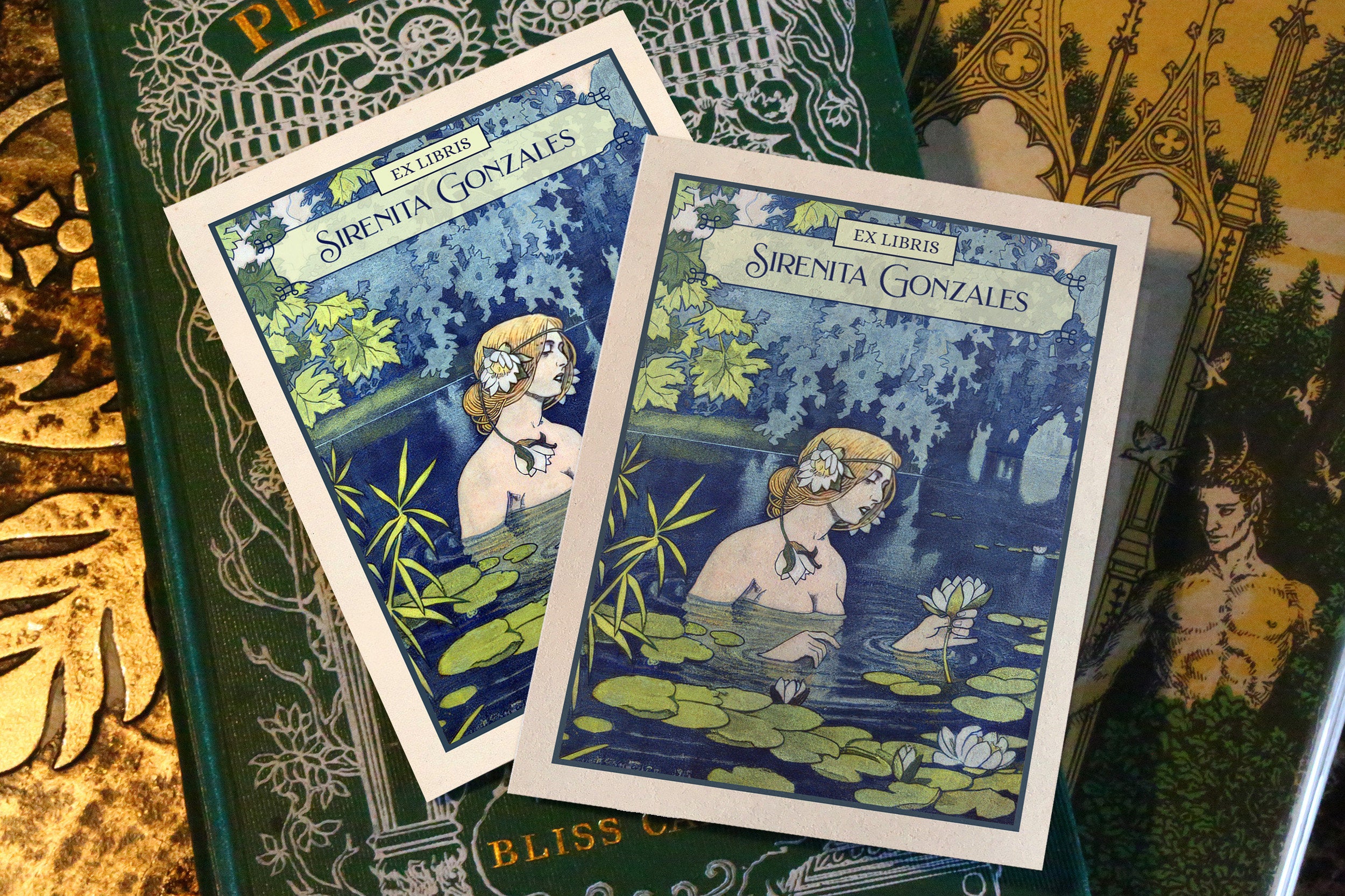 Nymph and Water Lilies, Personalized Ex-Libris Bookplates, Crafted on Traditional Gummed Paper, 3in x 4in, Set of 30