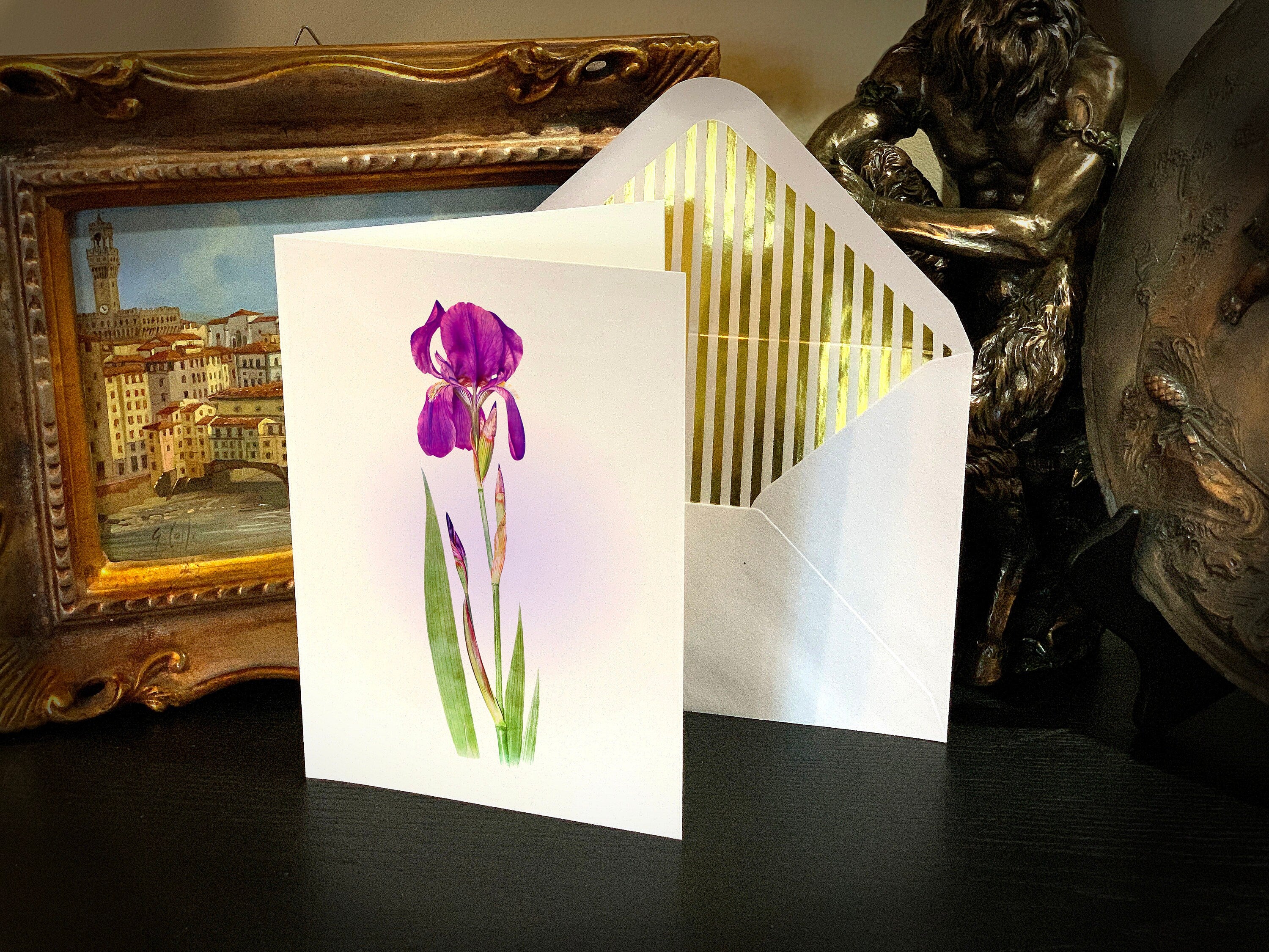 Irises by William Rickatson Dykes, Everyday Floral Greeting Cards with Elegant Striped Gold Foil Envelopes, 5in x 7in, 5 Cards/5 Envelopes