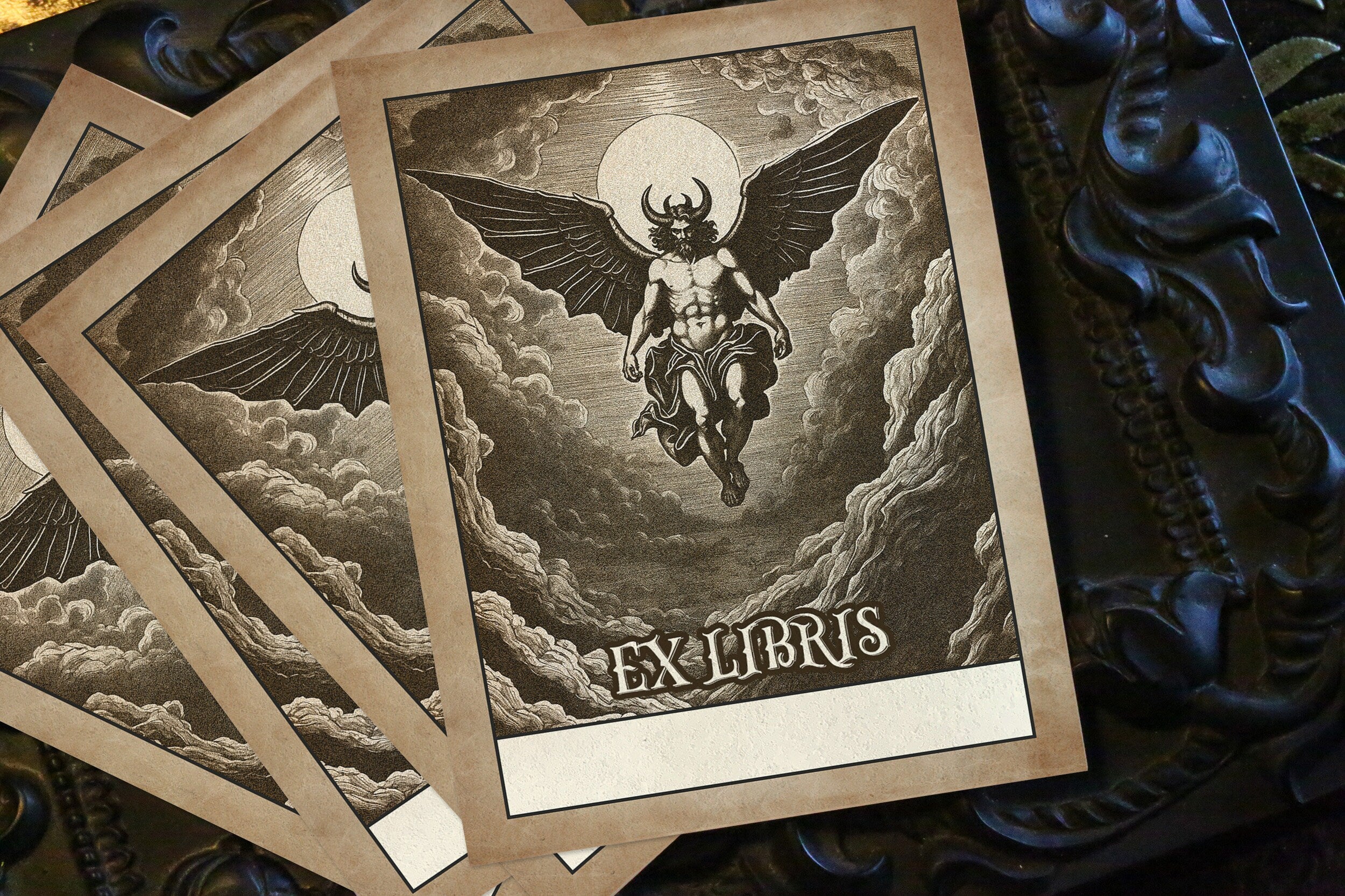 The Fallen Angel, Personalized Dark Academia Ex-Libris Bookplates, Crafted on Traditional Gummed Paper, 3in x 4in, Set of 30