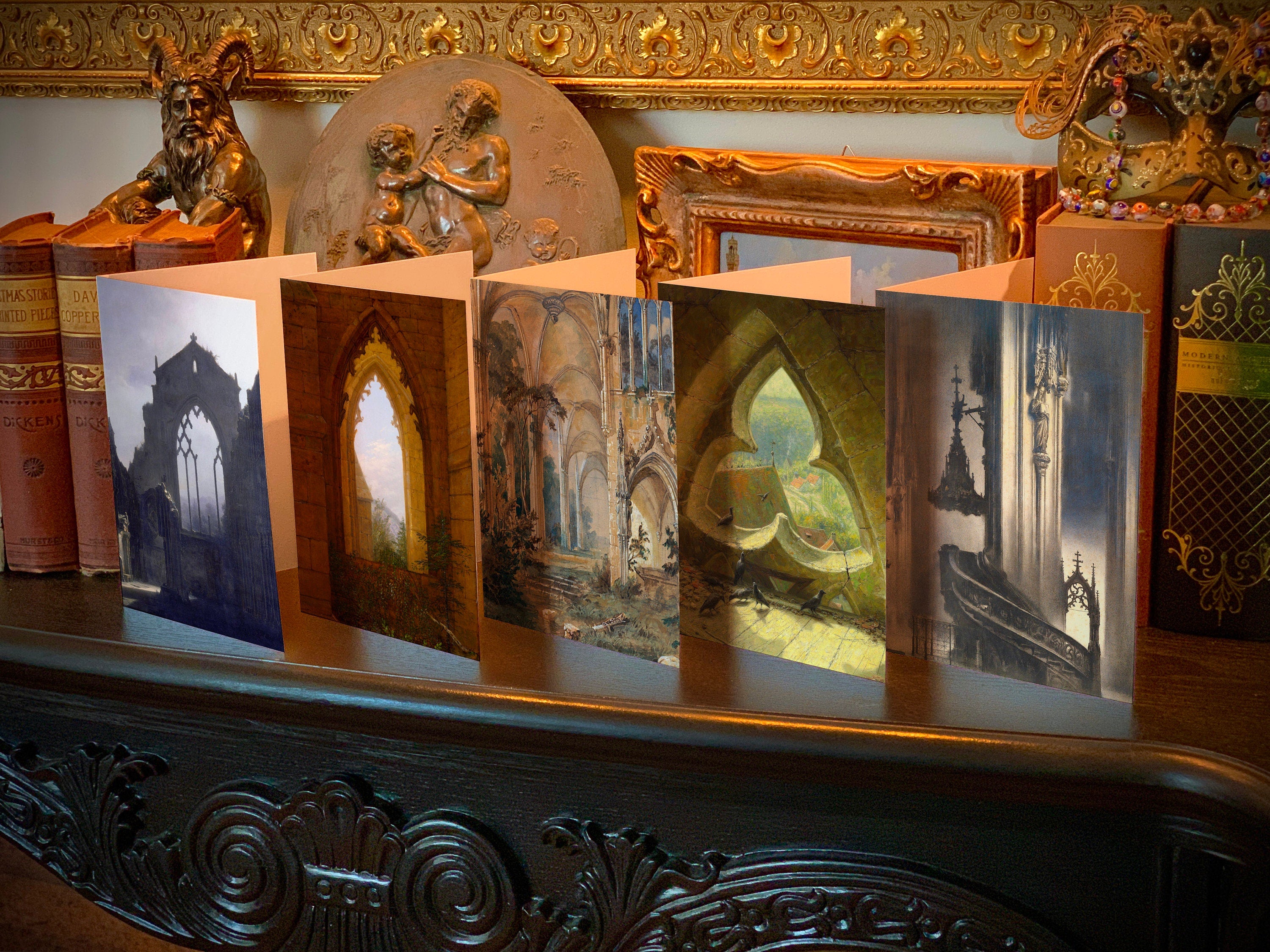 Gothic Ruins, Dark Academia Greeting Cards with Elegant Striped Gold Foil Envelopes, 5in x 7in, 5 Cards/5 Envelopes