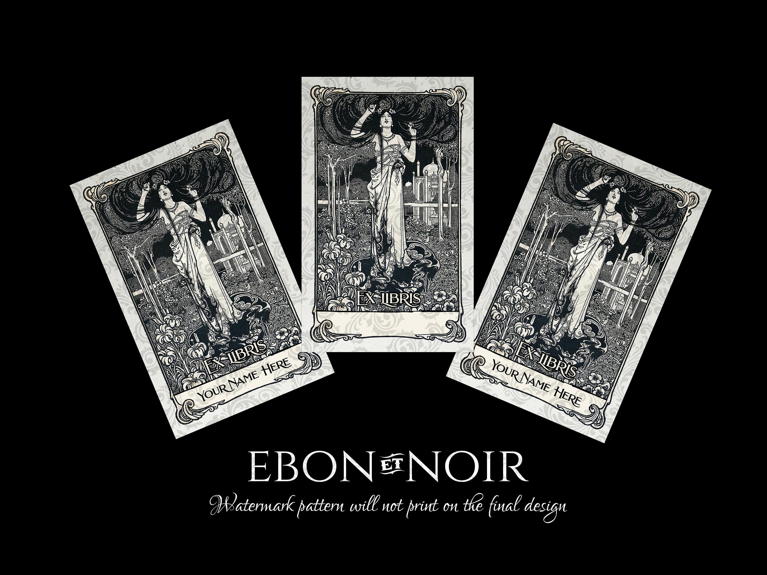 Ligeia, Personalized Art Nouveau Ex-Libris Bookplates, Crafted on Traditional Gummed Paper, 4in x 2.5in, Set of 30