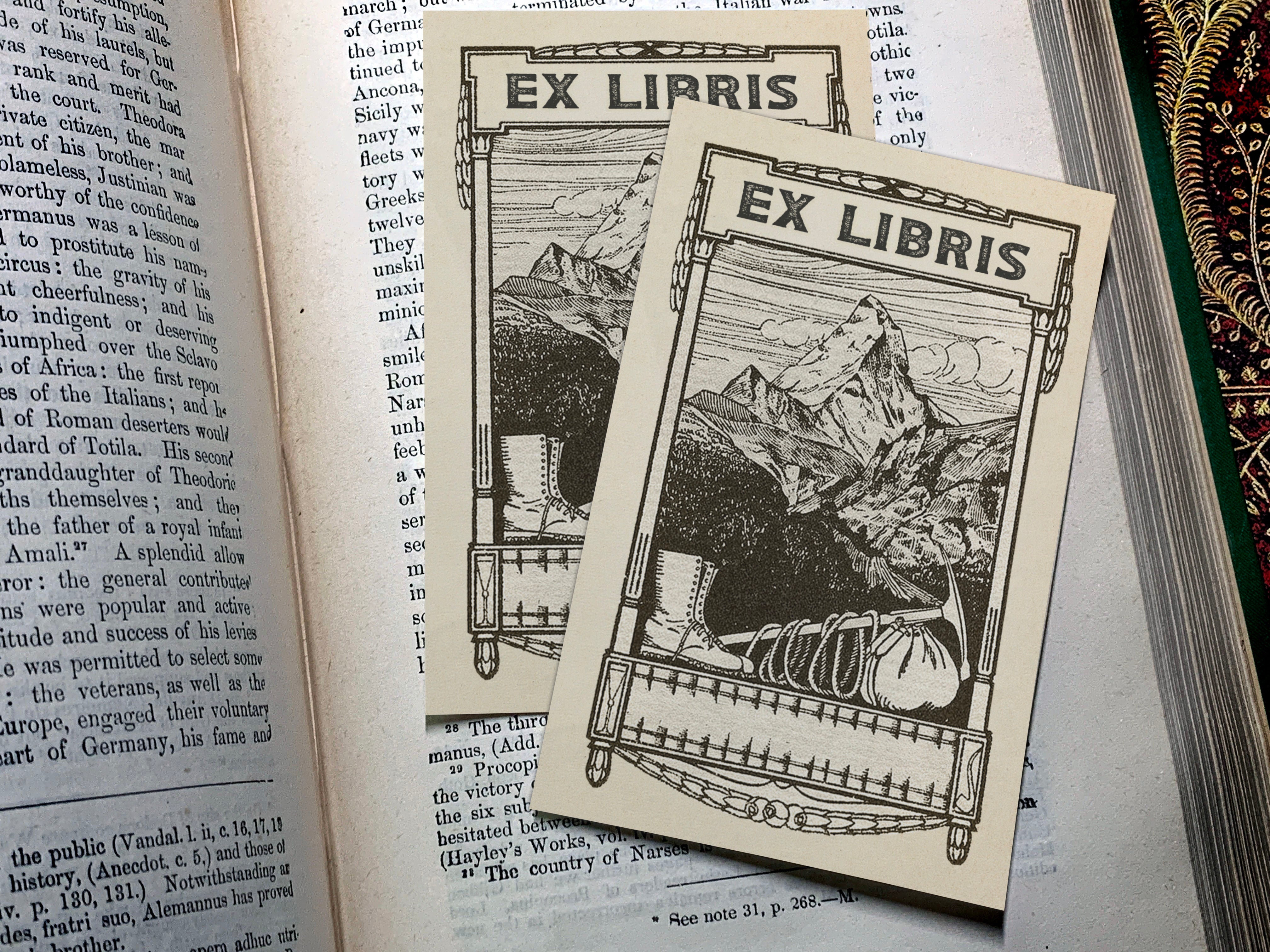 Trekking to the Matterhorn, Personalized Ex-Libris Bookplates, Crafted on Traditional Gummed Paper, 4in x 2.5in, Set of 30