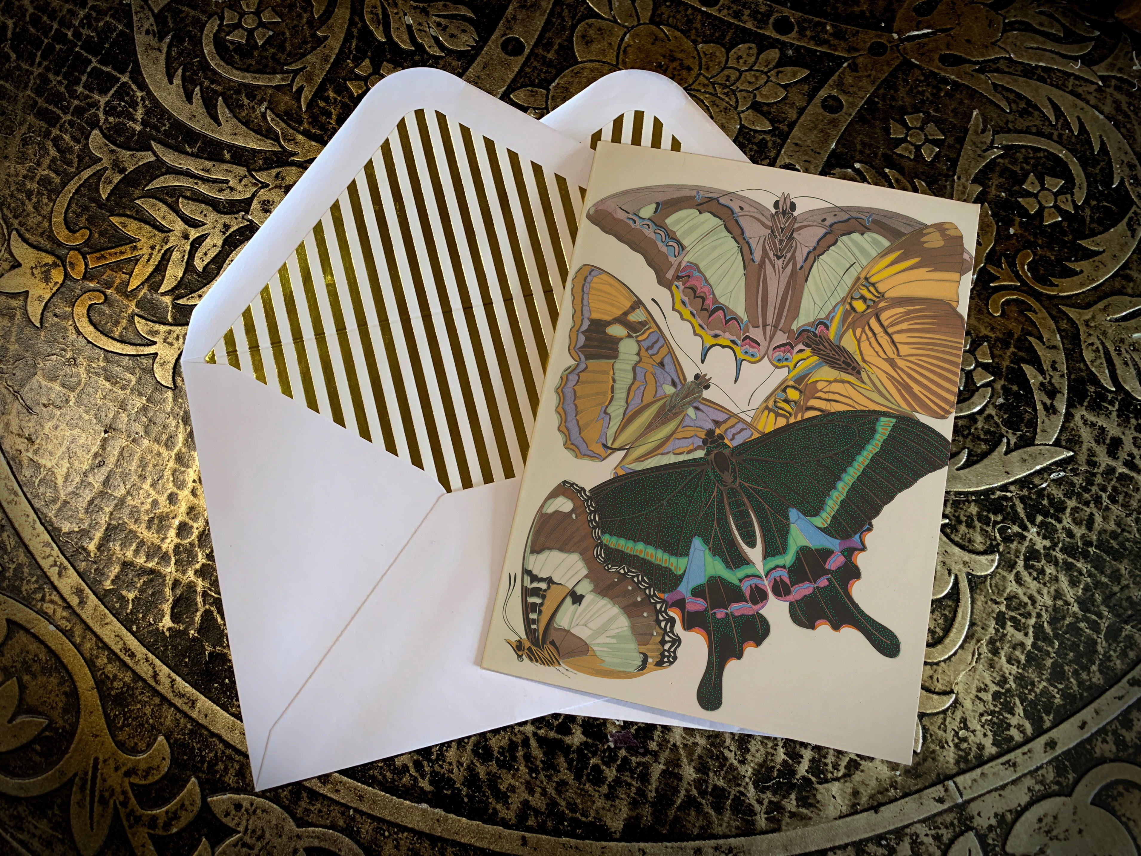 Butterflies by E.A. Seguy, Everyday Greeting Cards with Elegant Striped Gold Foil Envelopes, 5in x 7in, 5 Cards/5 Envelopes