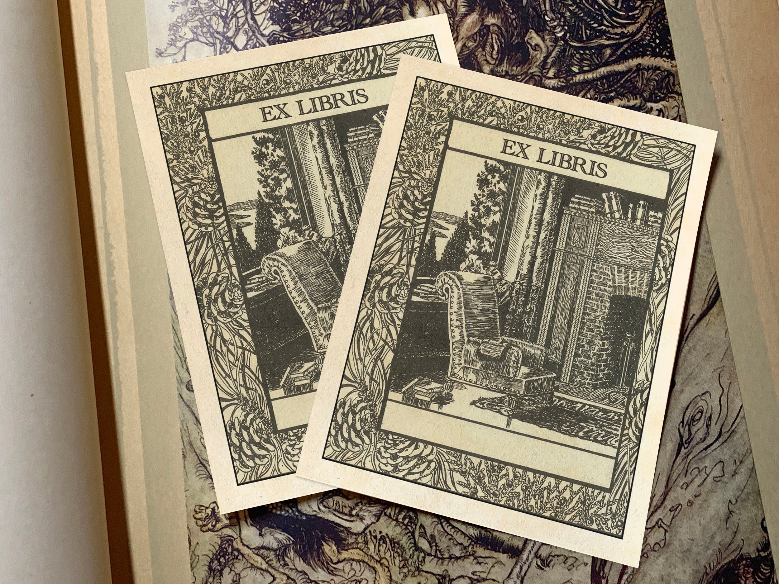 Cozy by the Fire, Personalized Ex-Libris Bookplates, Crafted on Traditional Gummed Paper, 3in x 4in, Set of 30