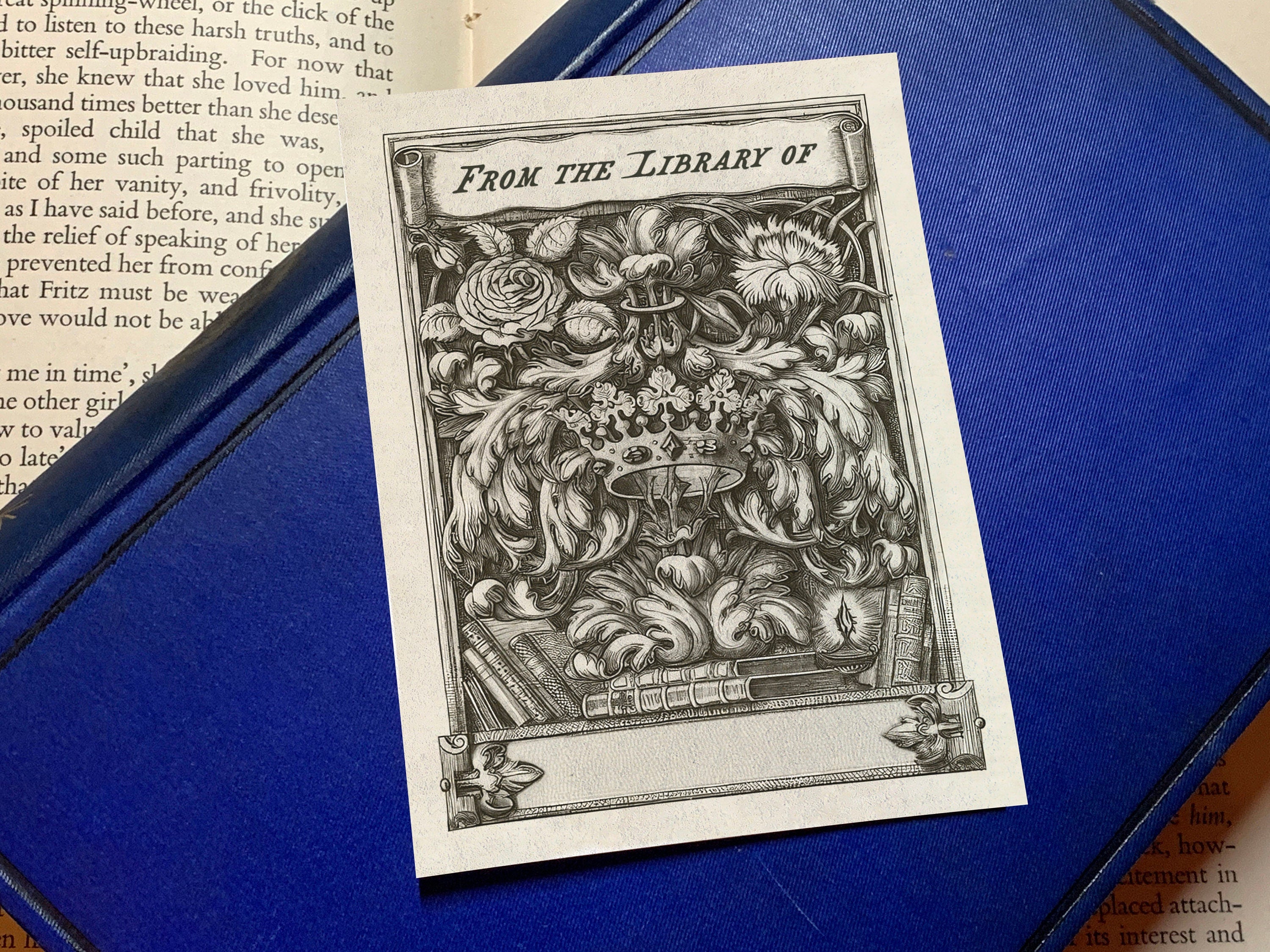 Rose and Crown, Personalized Ex-Libris Bookplates, Crafted on Traditional Gummed Paper, 3in x 4in, Set of 30