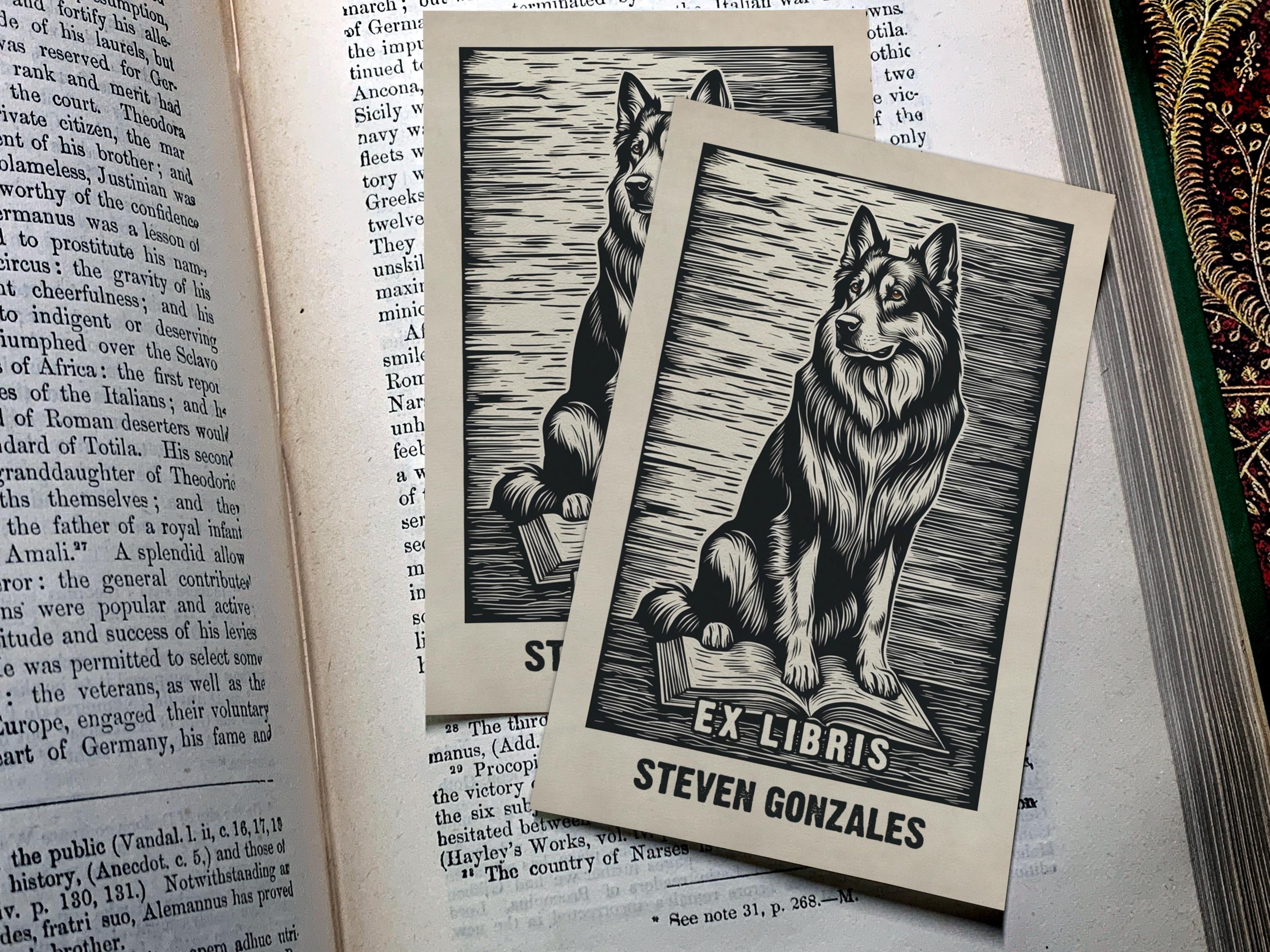 German Shepherd, Personalized Ex-Libris Bookplates, Crafted on Traditional Gummed Paper, 2.5in x 4in, Set of 30