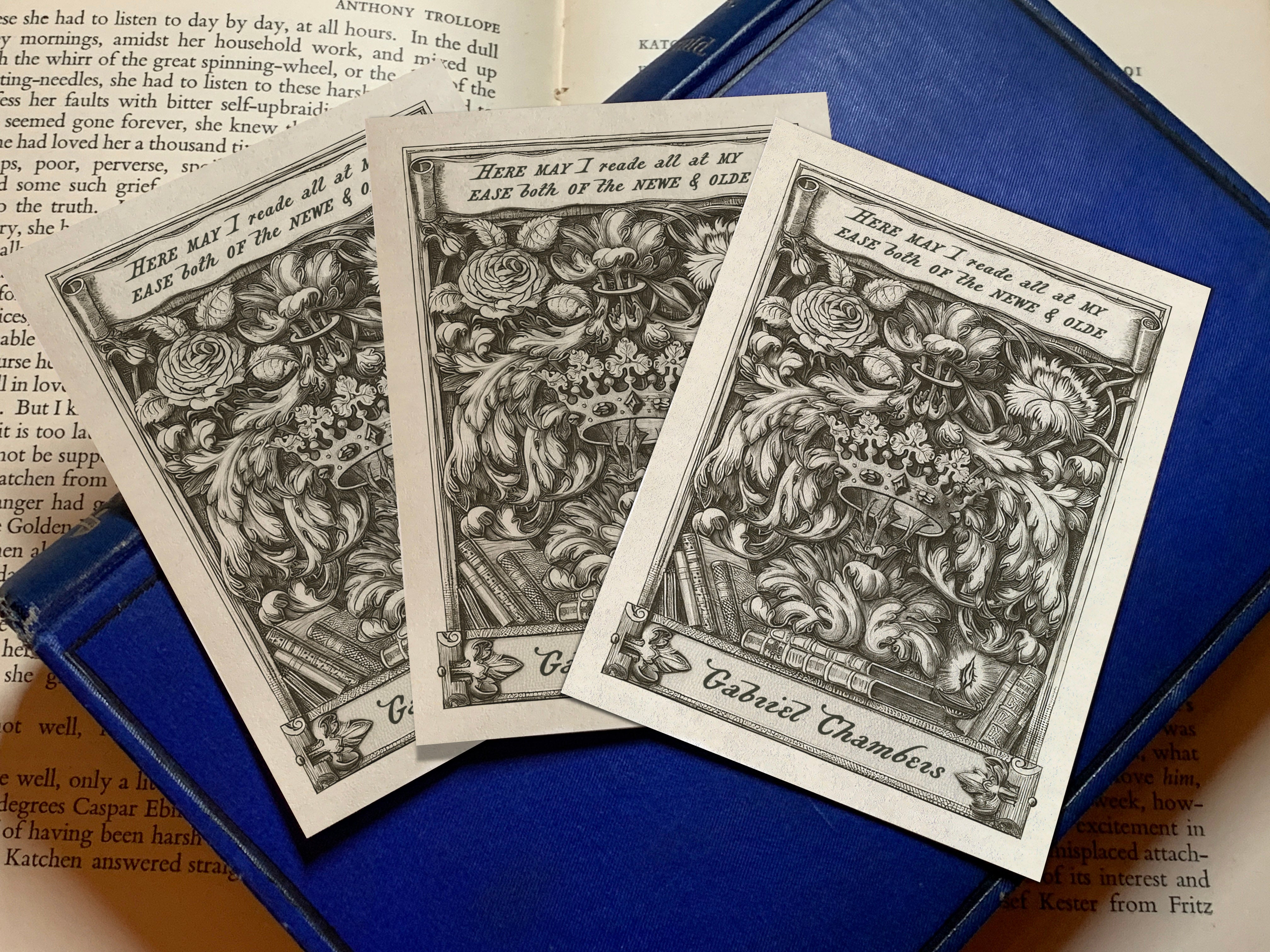 Rose and Crown, Personalized Ex-Libris Bookplates, Crafted on Traditional Gummed Paper, 3in x 4in, Set of 30