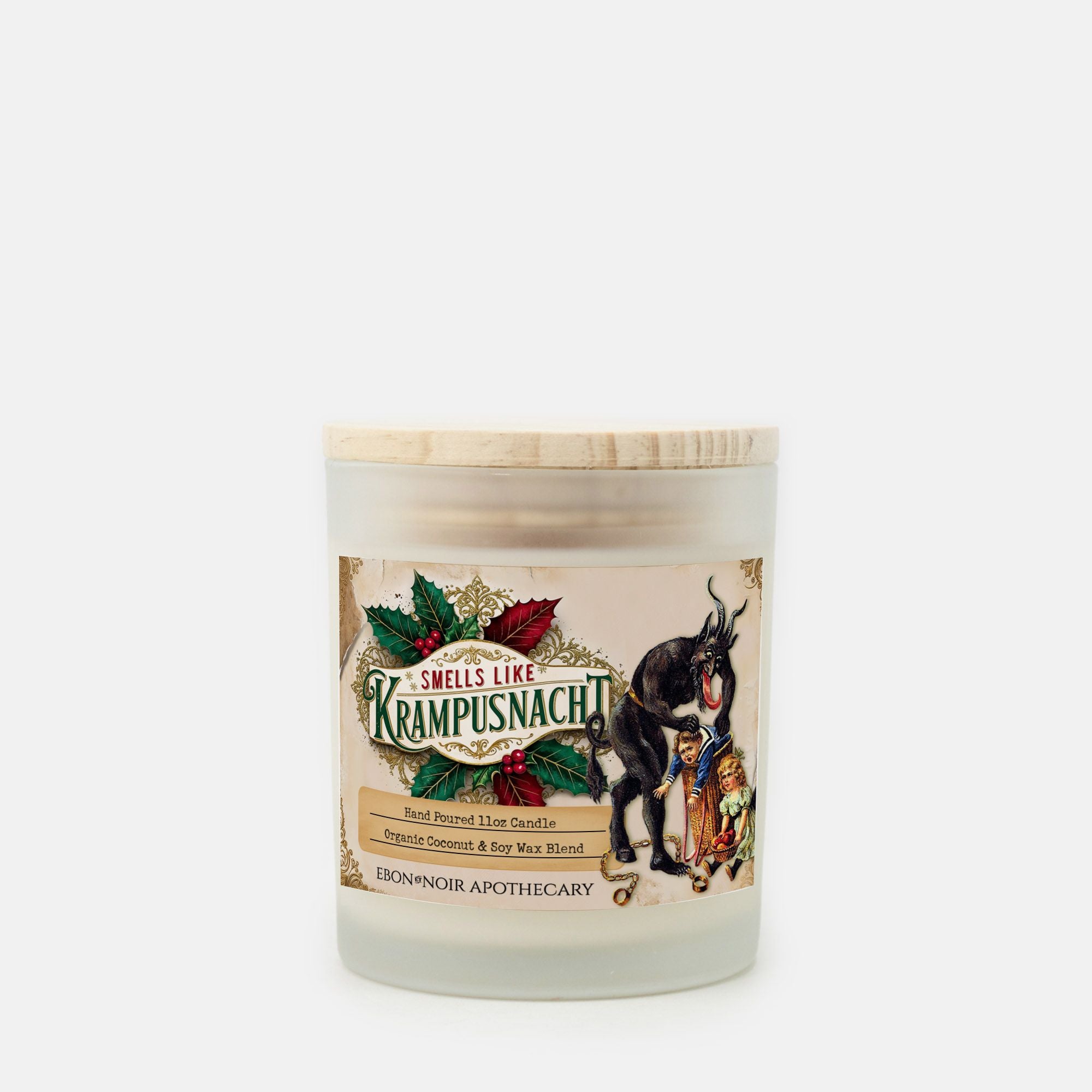 Smells Like Krampusnacht, Gruss Vom Krampus Christmas Candle, Frosted Glass Jar, Hand Poured Vegan Wax, Wooden Wick, 50+ Hours of Burn Time