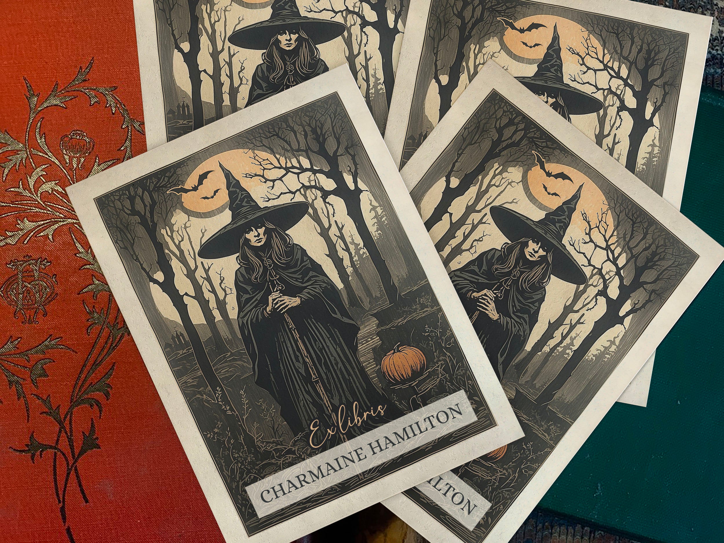 Mystical Pumpkin Witch, Personalized Ex-Libris Bookplates, Crafted on Traditional Gummed Paper, 3in x 4in, Set of 30