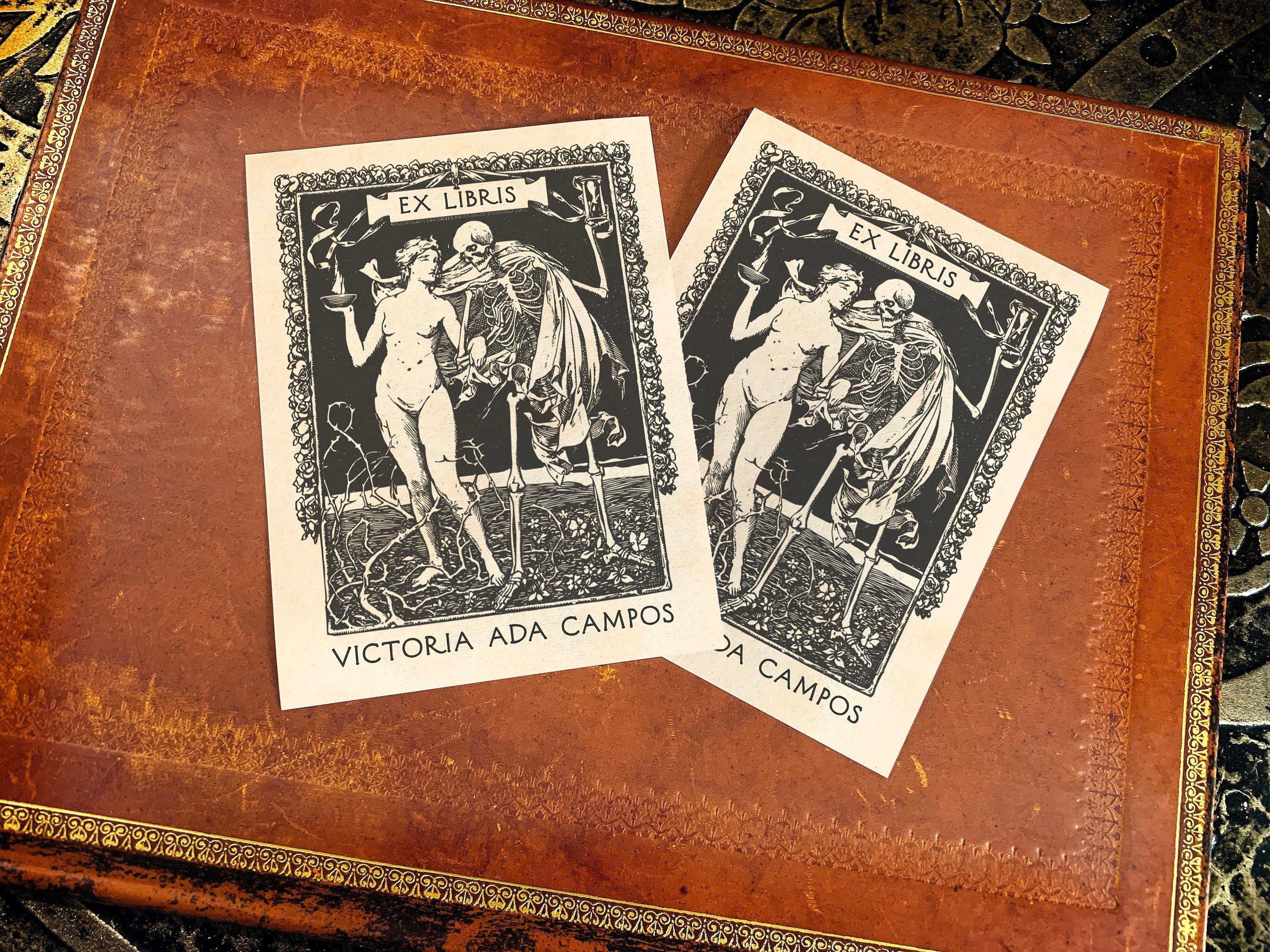 Beauty and Death, Personalized Ex-Libris Bookplates, Crafted on Traditional Gummed Paper, 3in x 4in, Set of 30