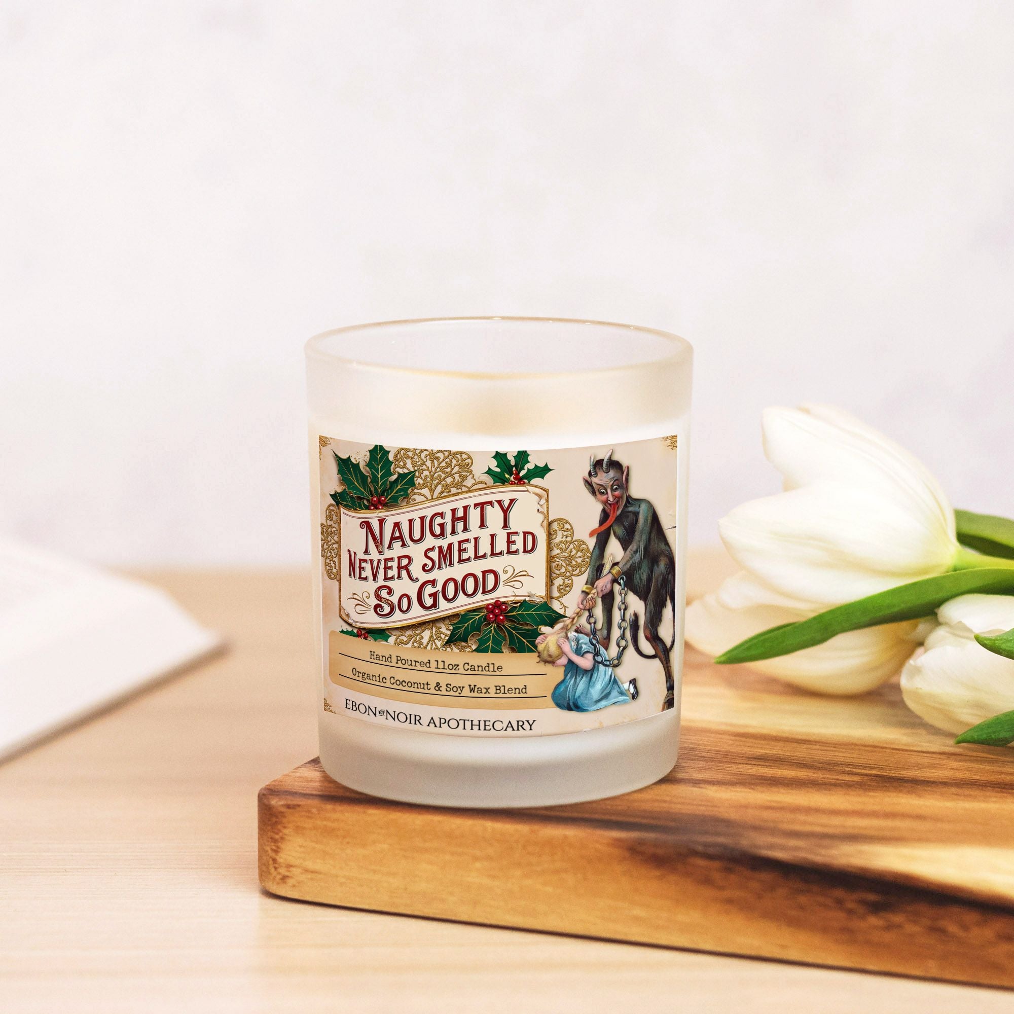 Naughty Never Smelled So Good, Krampus Christmas Candle, Frosted Glass Jar, Hand Poured Vegan Wax, Wooden Wick, 50+ Hours of Burn Time