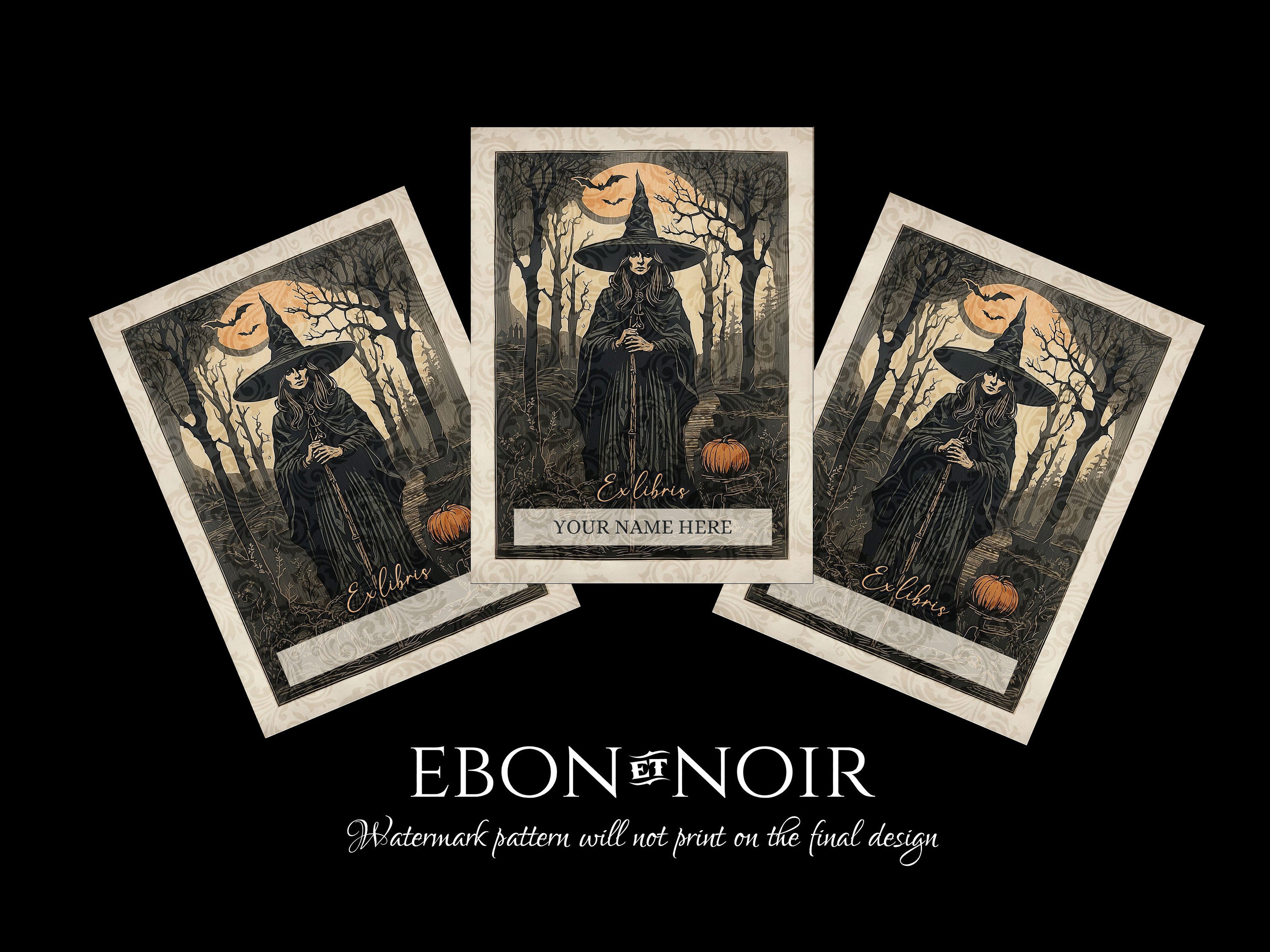 Mystical Pumpkin Witch, Personalized Ex-Libris Bookplates, Crafted on Traditional Gummed Paper, 3in x 4in, Set of 30