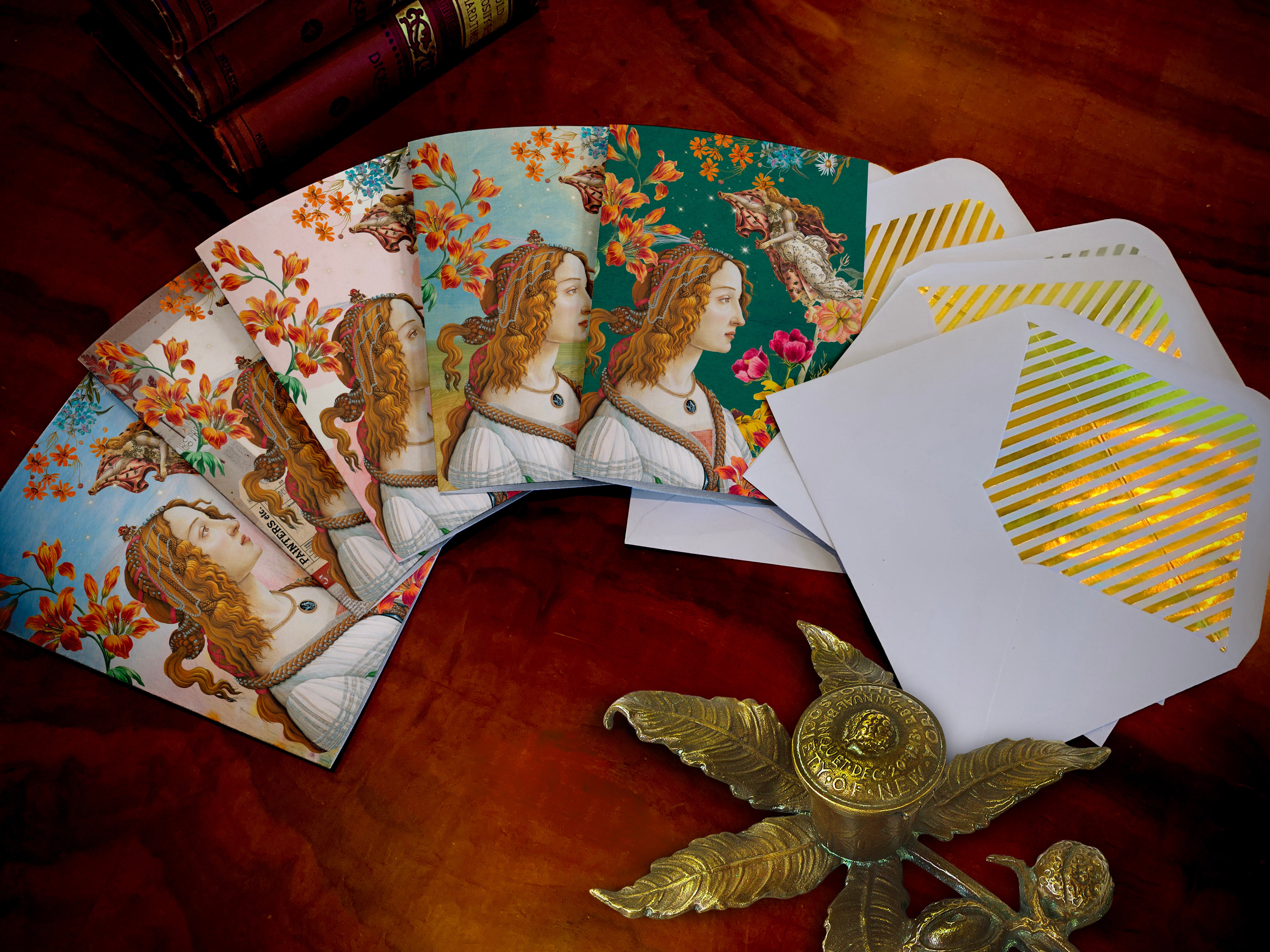 Primavera, Fine Art Greeting Cards with Elegant Striped Gold Foil Envelopes, 5 Cards/5 Envelopes