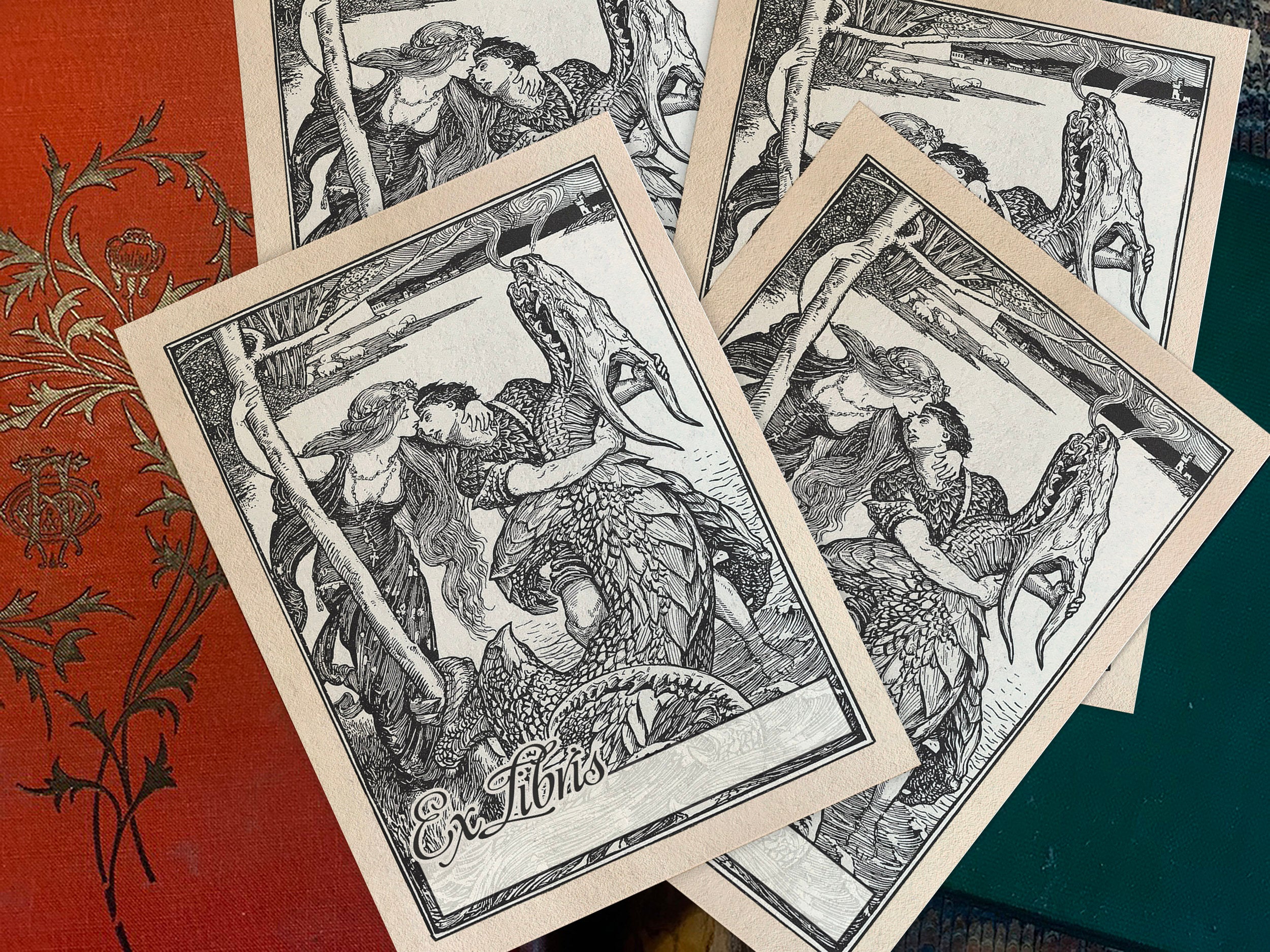 The Kiss That Gave the Victory, Fairytale Dragon, Personalized Ex-Libris Bookplates, Crafted on Gummed Paper, 3in x 4in, Set of 30