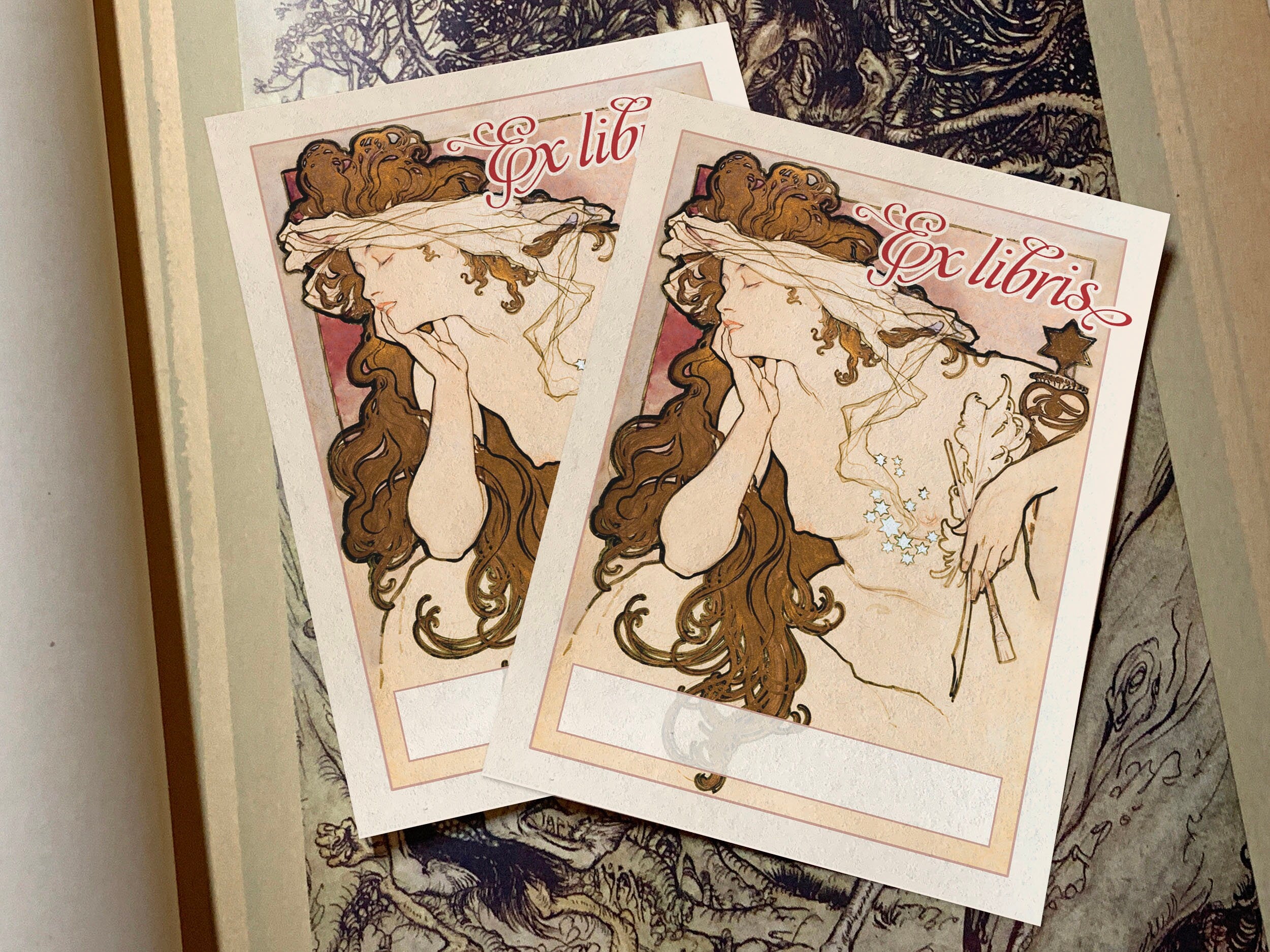 Starry Dreamer by Alphonse Mucha, Personalized Art Nouveau Ex-Libris Bookplates, Crafted on Traditional Gummed Paper, 3in x 4in, Set of 30