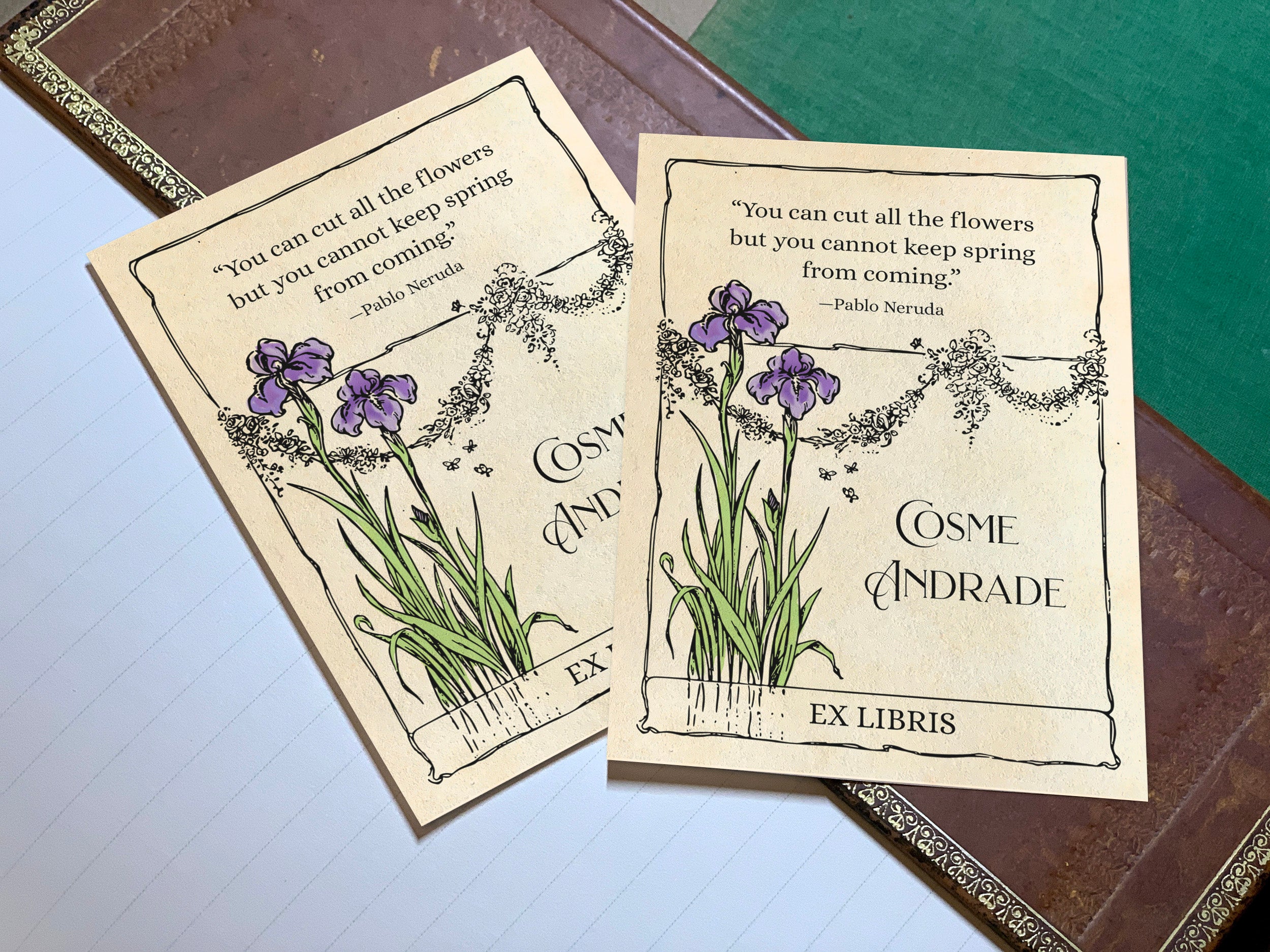 Romantic Iris, Art Deco Personalized Ex-Libris Bookplates, Crafted on Traditional Gummed Paper, 4in x 3in, Set of 30