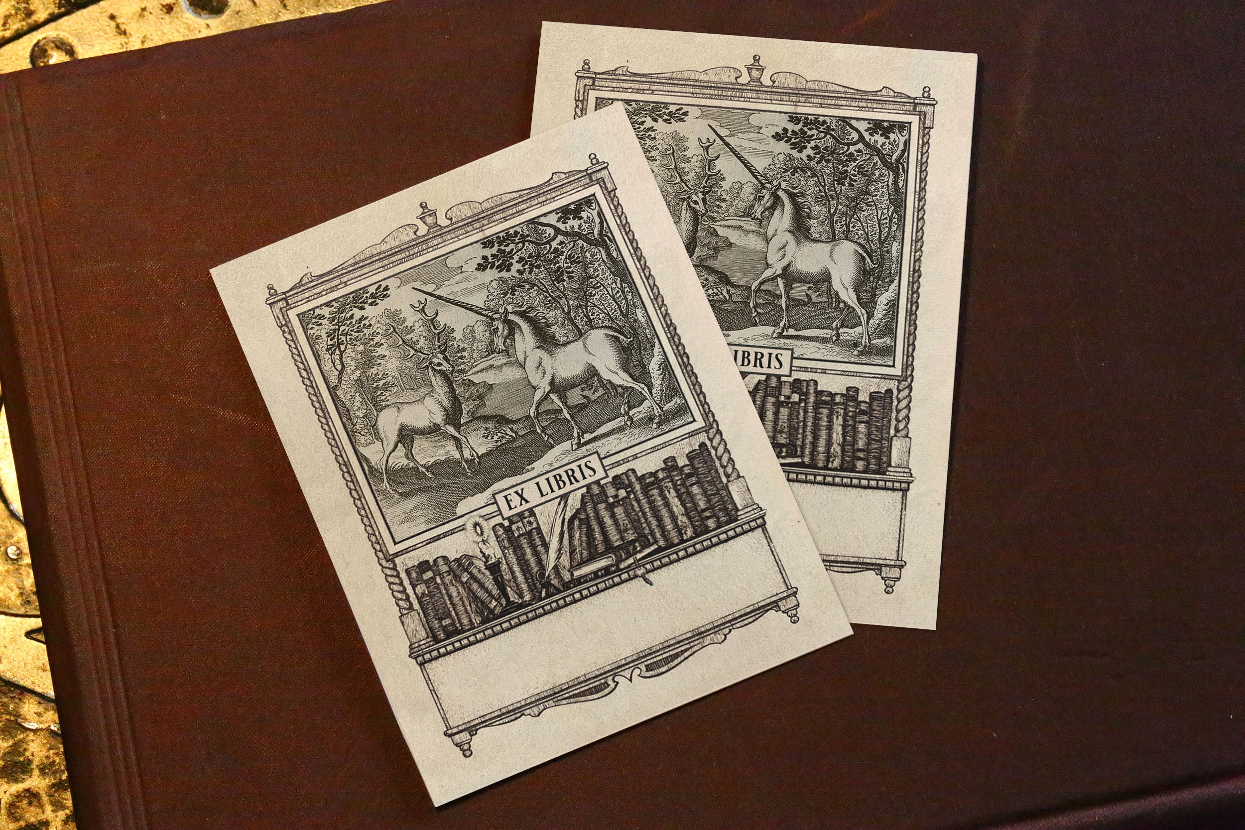 Stag and Unicorn, Personalized Ex-Libris Bookplates, Crafted on Traditional Gummed Paper, 3in x 4in, Set of 30