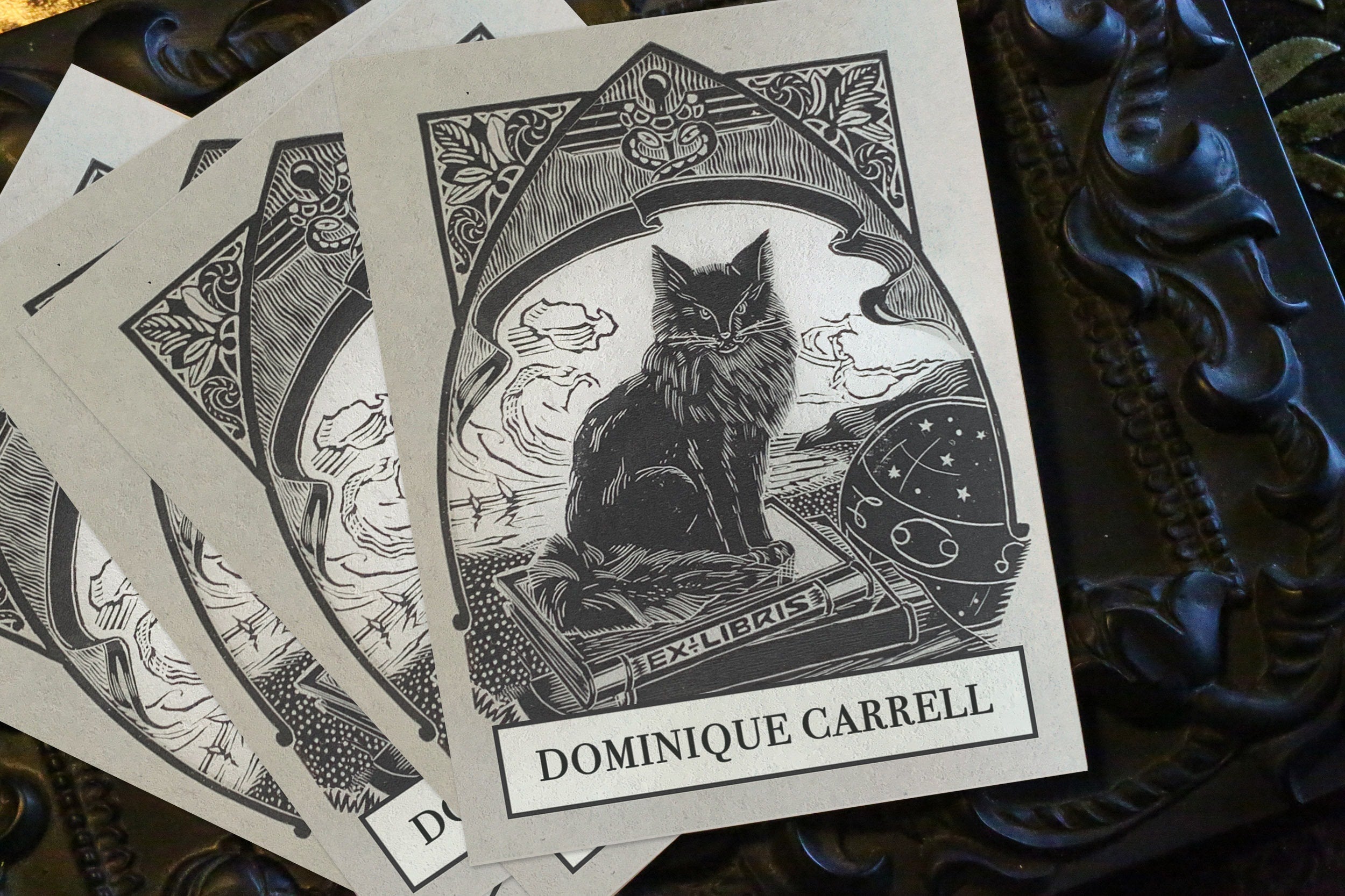 Mysterious Black Cat, Personalized Dark Academia Ex-Libris Bookplates, Crafted on Traditional Gummed Paper, 3in x 4in, Set of 30