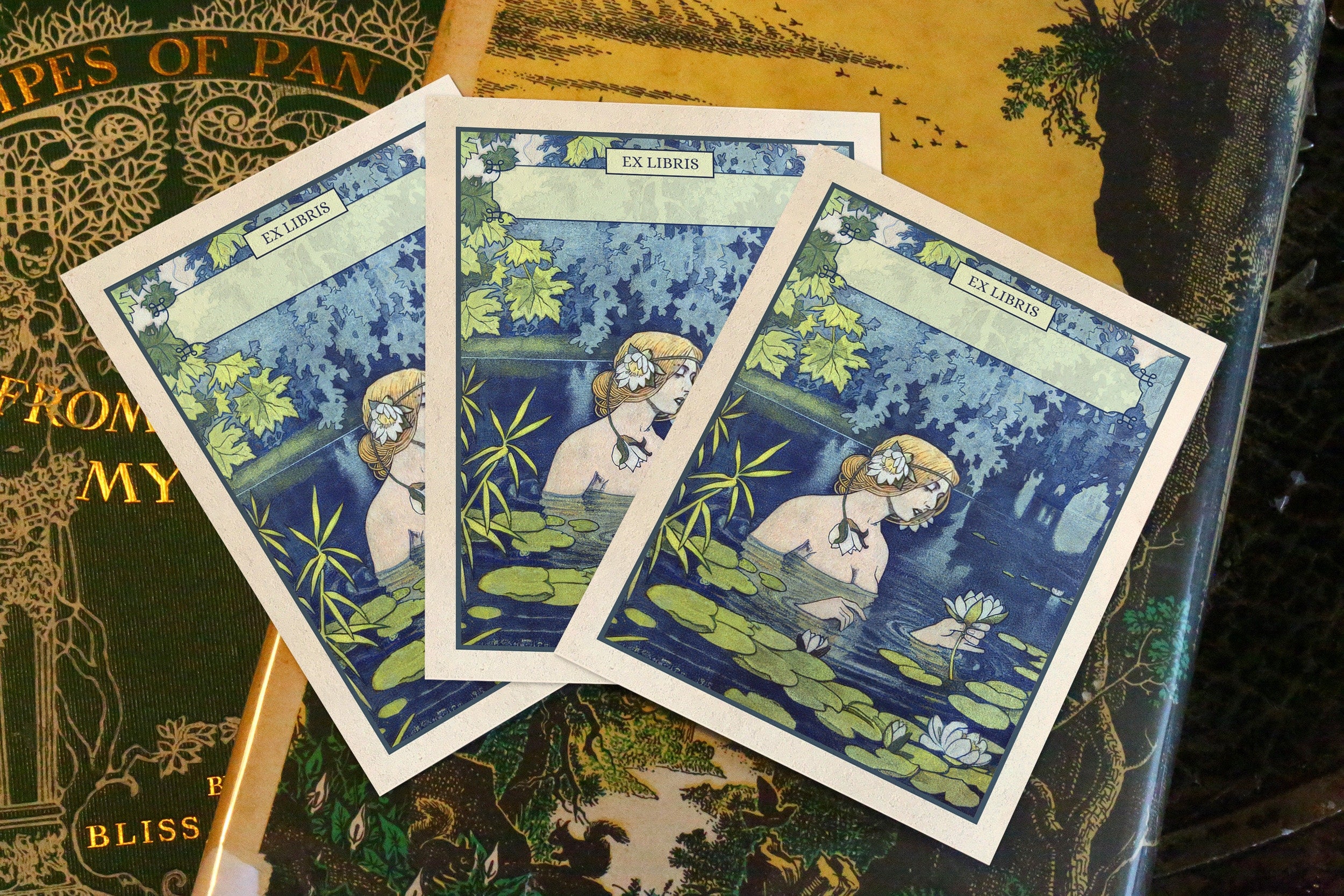 Nymph and Water Lilies, Personalized Ex-Libris Bookplates, Crafted on Traditional Gummed Paper, 3in x 4in, Set of 30