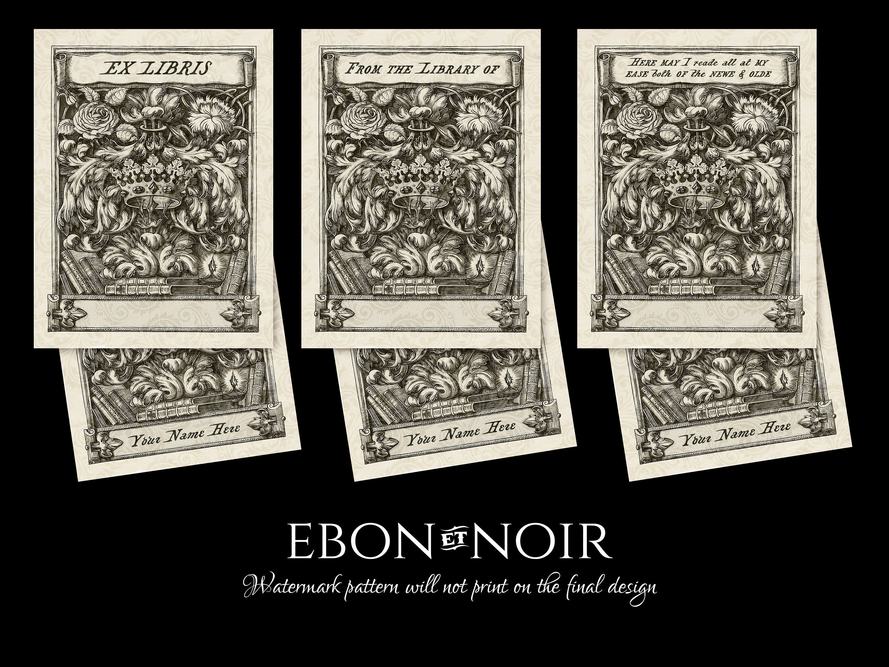 Rose and Crown, Personalized Ex-Libris Bookplates, Crafted on Traditional Gummed Paper, 3in x 4in, Set of 30