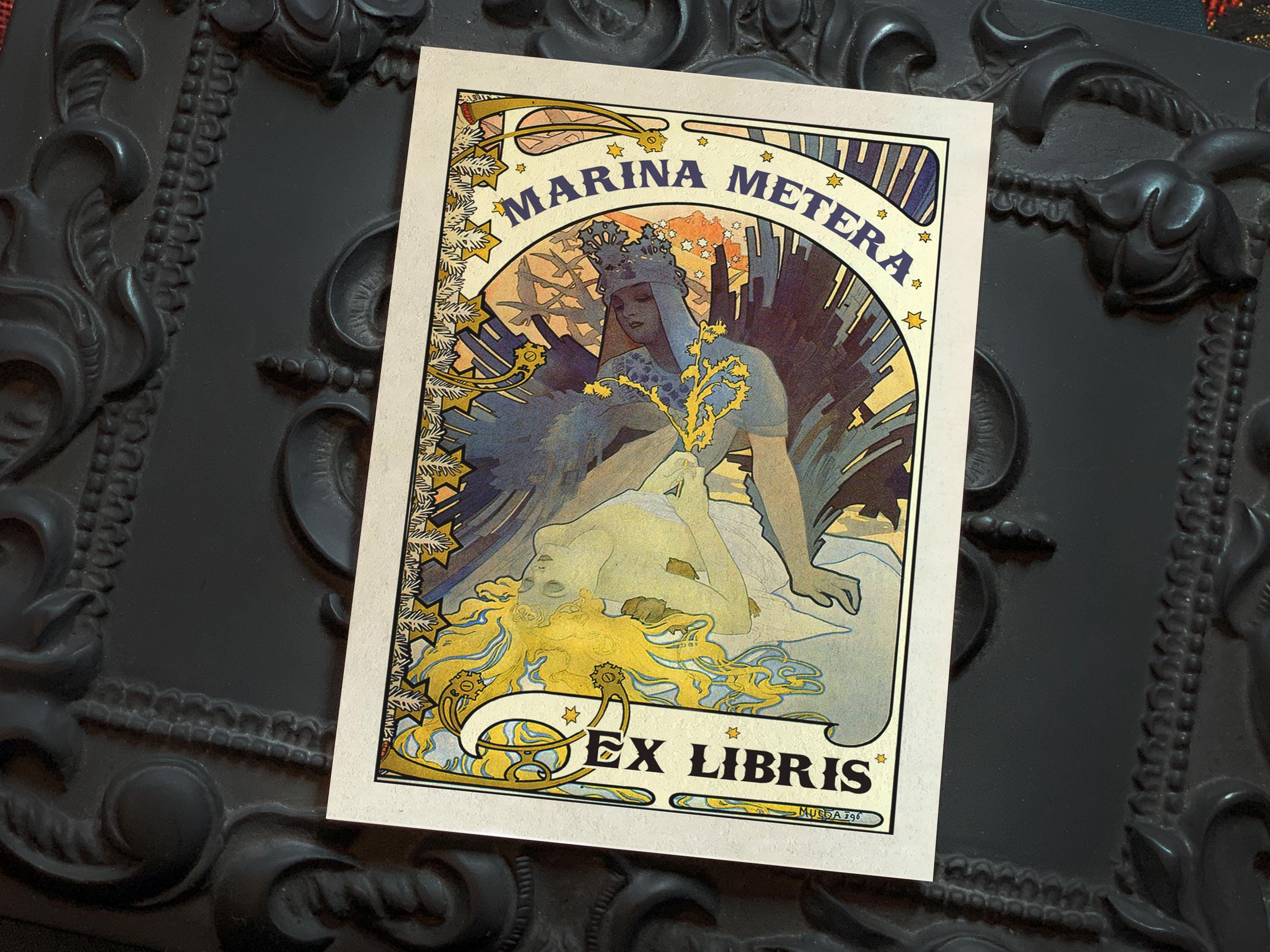 Sun and Moon by Alphonse Mucha, Personalized Art Nouveau Ex-Libris Bookplates, Crafted on Traditional Gummed Paper, 3in x 4in, Set of 30