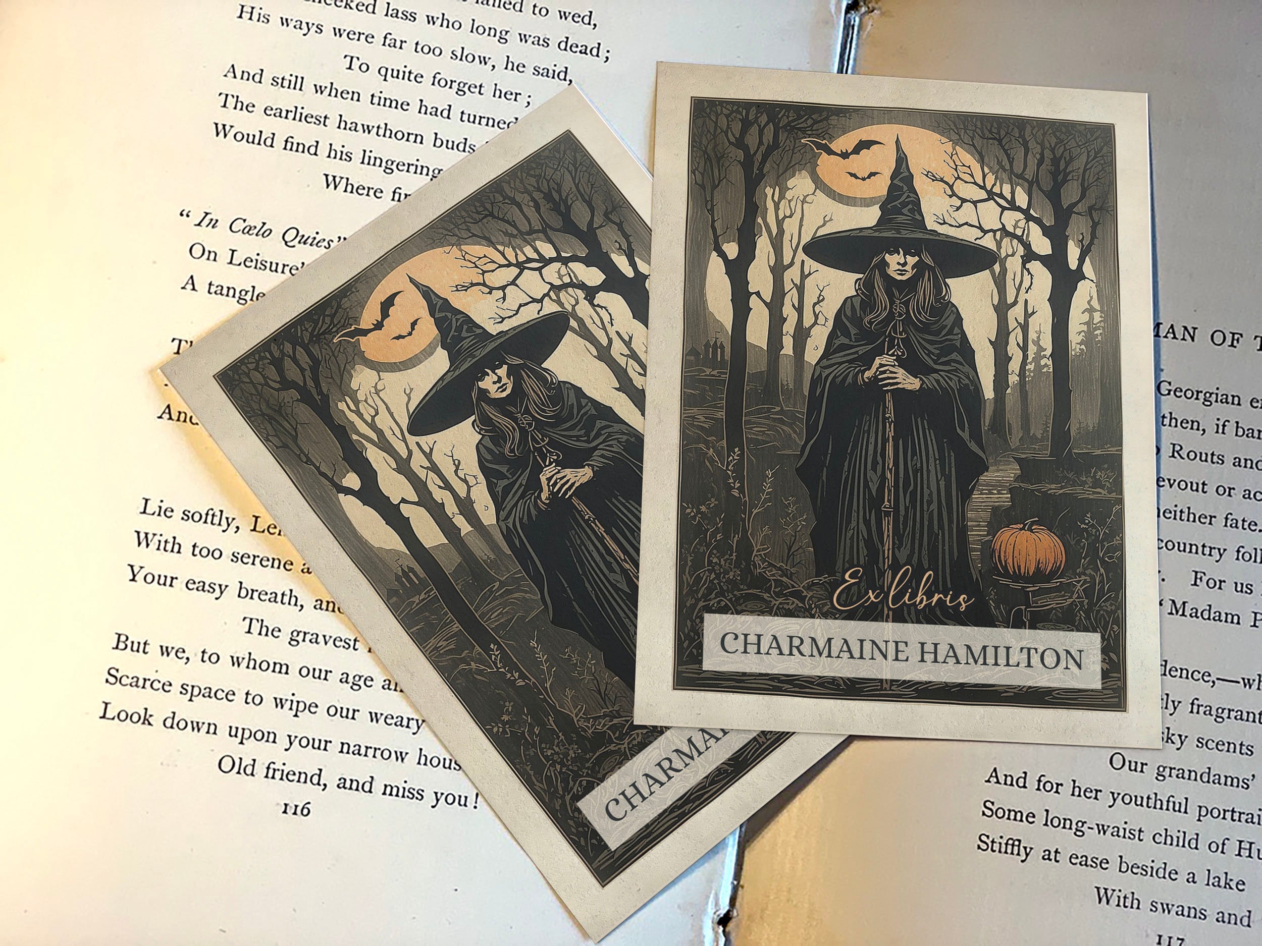 Mystical Pumpkin Witch, Personalized Ex-Libris Bookplates, Crafted on Traditional Gummed Paper, 3in x 4in, Set of 30