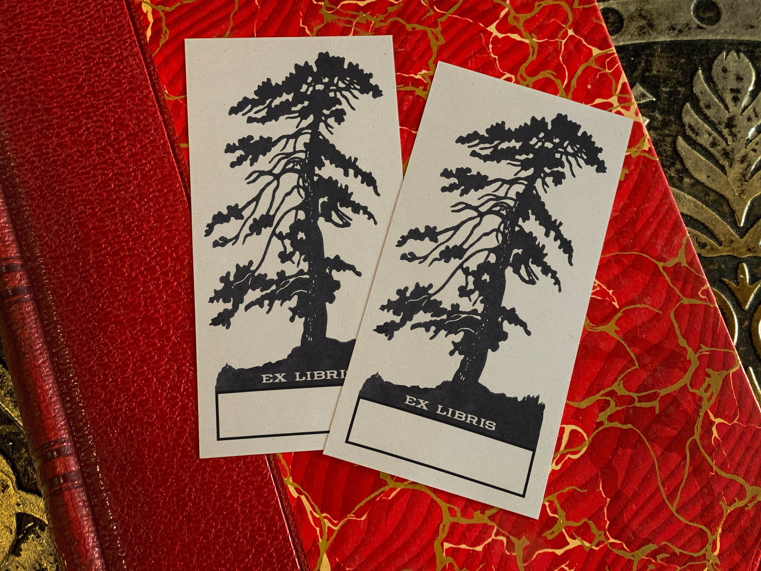 Windswept Pine, Personalized Ex-Libris Bookplates, Crafted on Traditional Gummed Paper, 4in x 2in, Set of 30