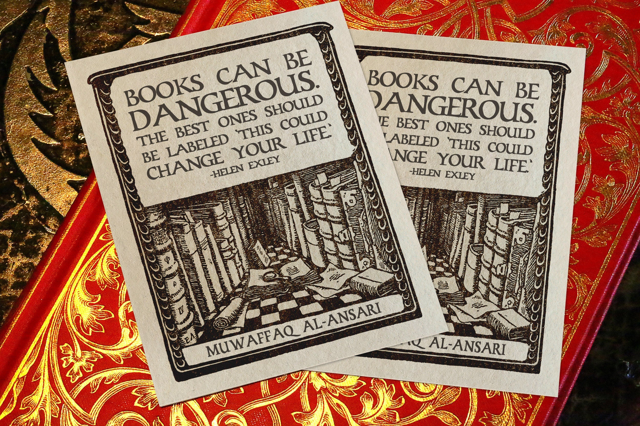 Books Can Be Dangerous, Personalized Dark Academia Ex-Libris Bookplates, Crafted on Traditional Gummed Paper, 3in x 4in, Set of 30