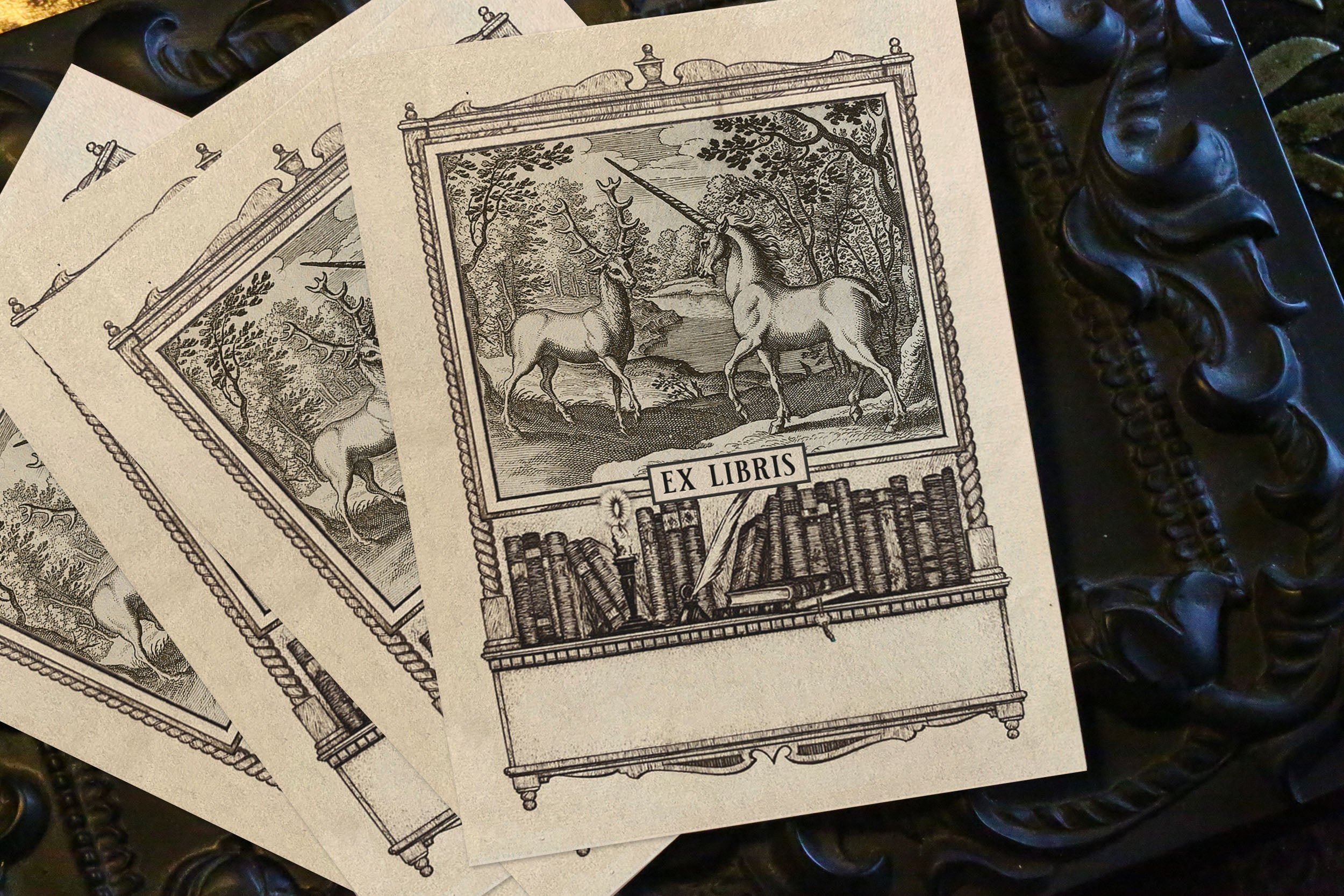 Custom Bookplates Stag and Unicorn, Personalized Ex-Libris Bookplates, Crafted on Tradit ...