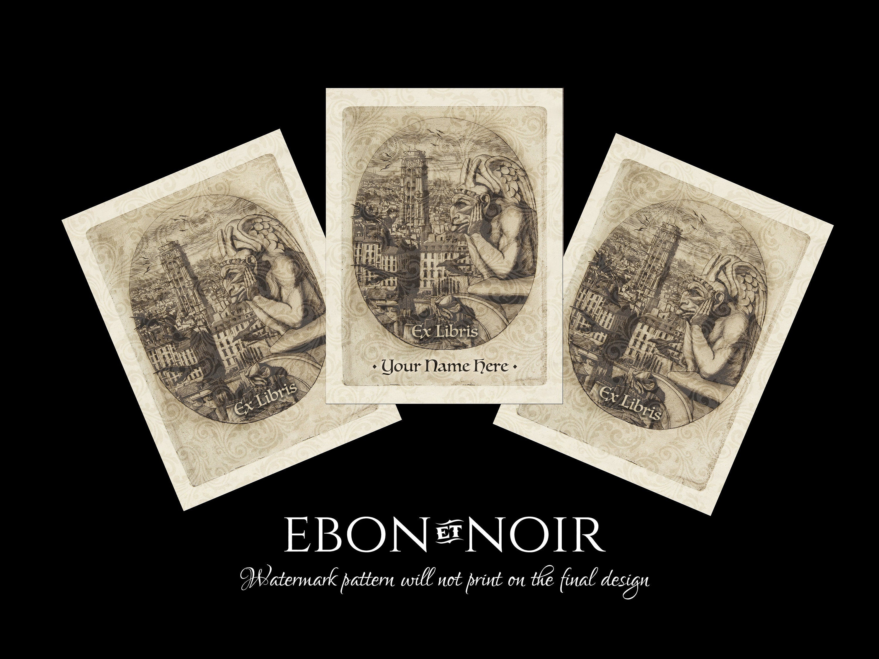 Notre Dame Vampire, Personalized Gothic Ex-Libris Bookplates, Crafted on Traditional Gummed Paper, 3in x 4in, Set of 30