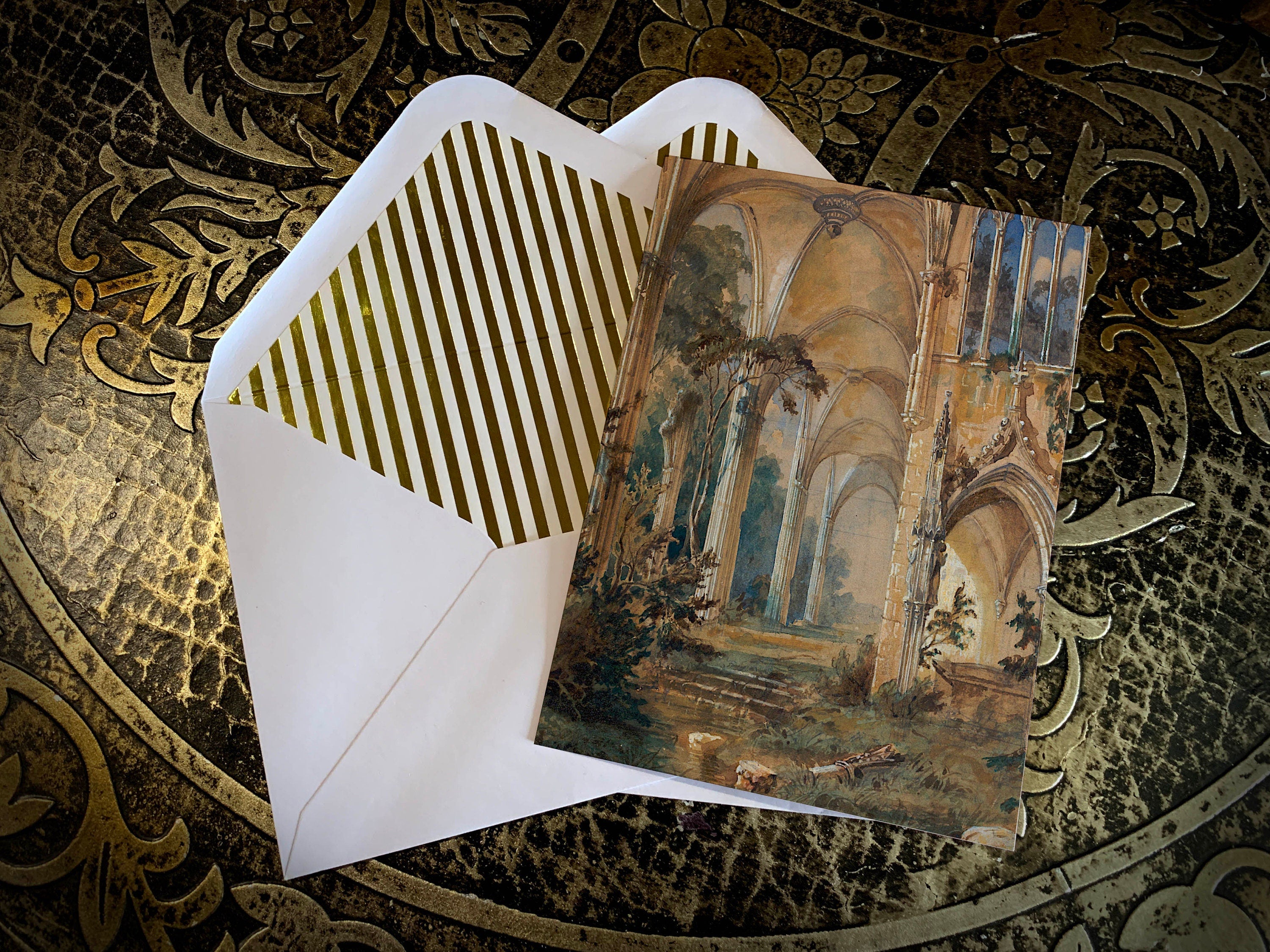 Gothic Ruins, Dark Academia Greeting Cards with Elegant Striped Gold Foil Envelopes, 5in x 7in, 5 Cards/5 Envelopes