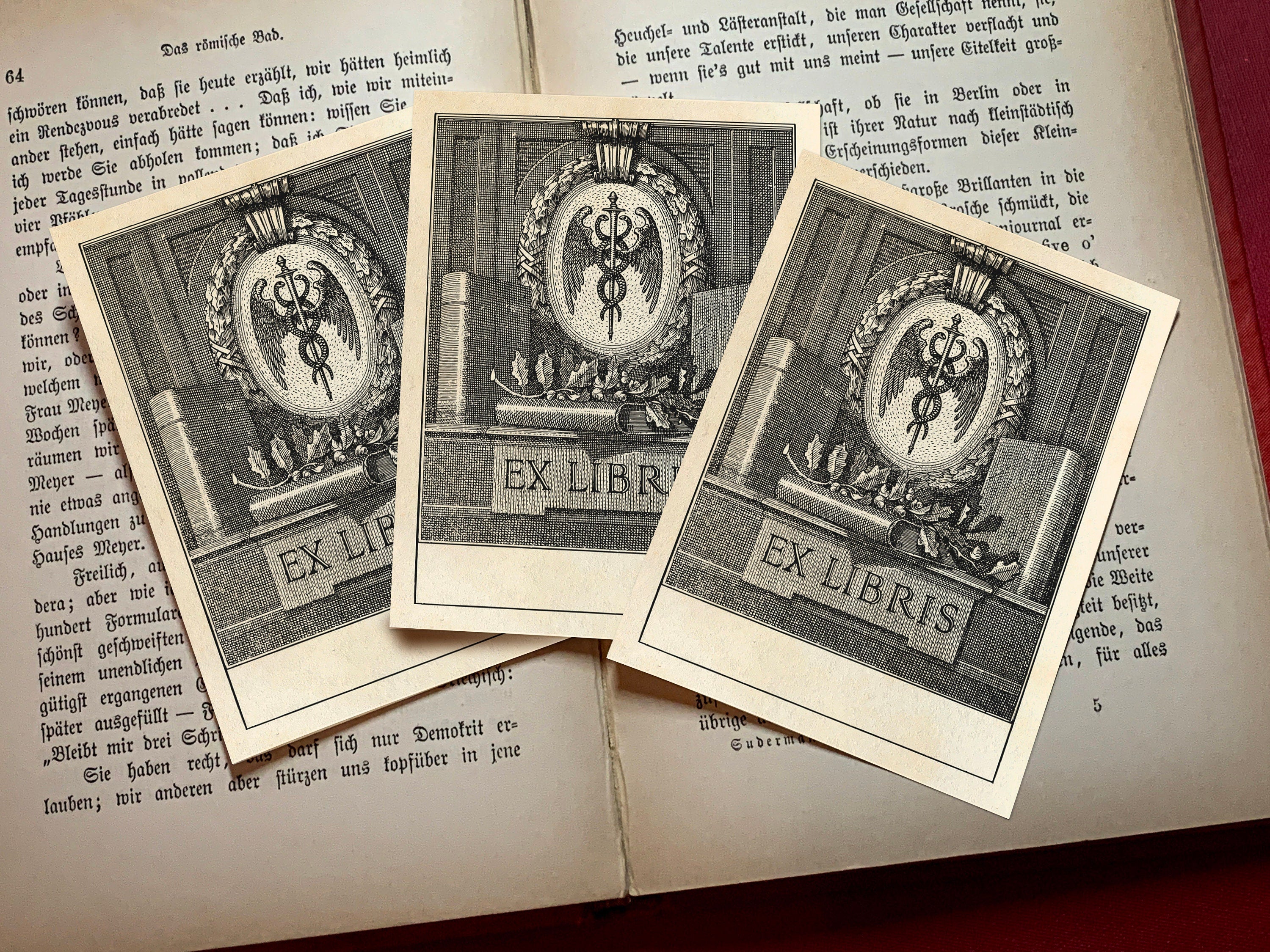 Caduceus, Personalized Ex-Libris Bookplates, Crafted on Traditional Gummed Paper, 3in x 4in, Set of 30