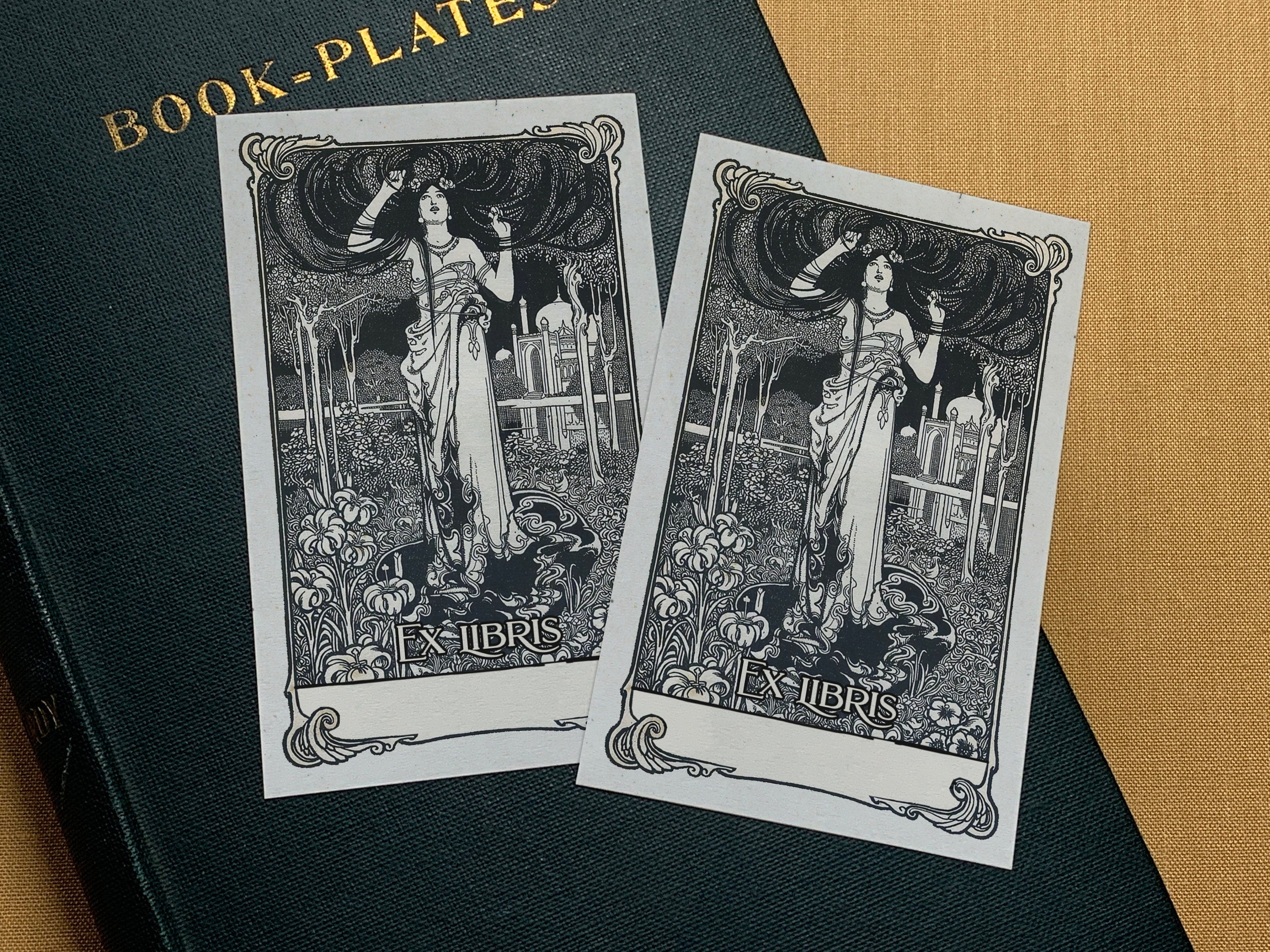 Ligeia, Personalized Art Nouveau Ex-Libris Bookplates, Crafted on Traditional Gummed Paper, 4in x 2.5in, Set of 30